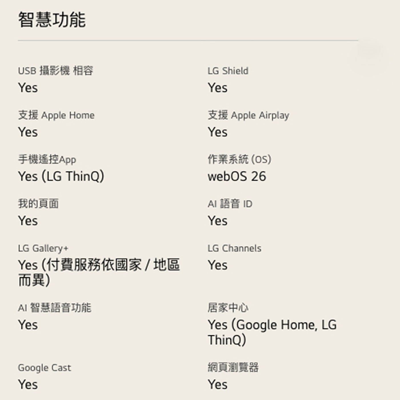 智慧功能 USB 攝影機 相容 Yes 支援 Apple Home 手機遙控App LG ThinQ 我的頁面 LG Gallery 付費服務依國家/地區 而異 AI 智慧語音功能 Shield...