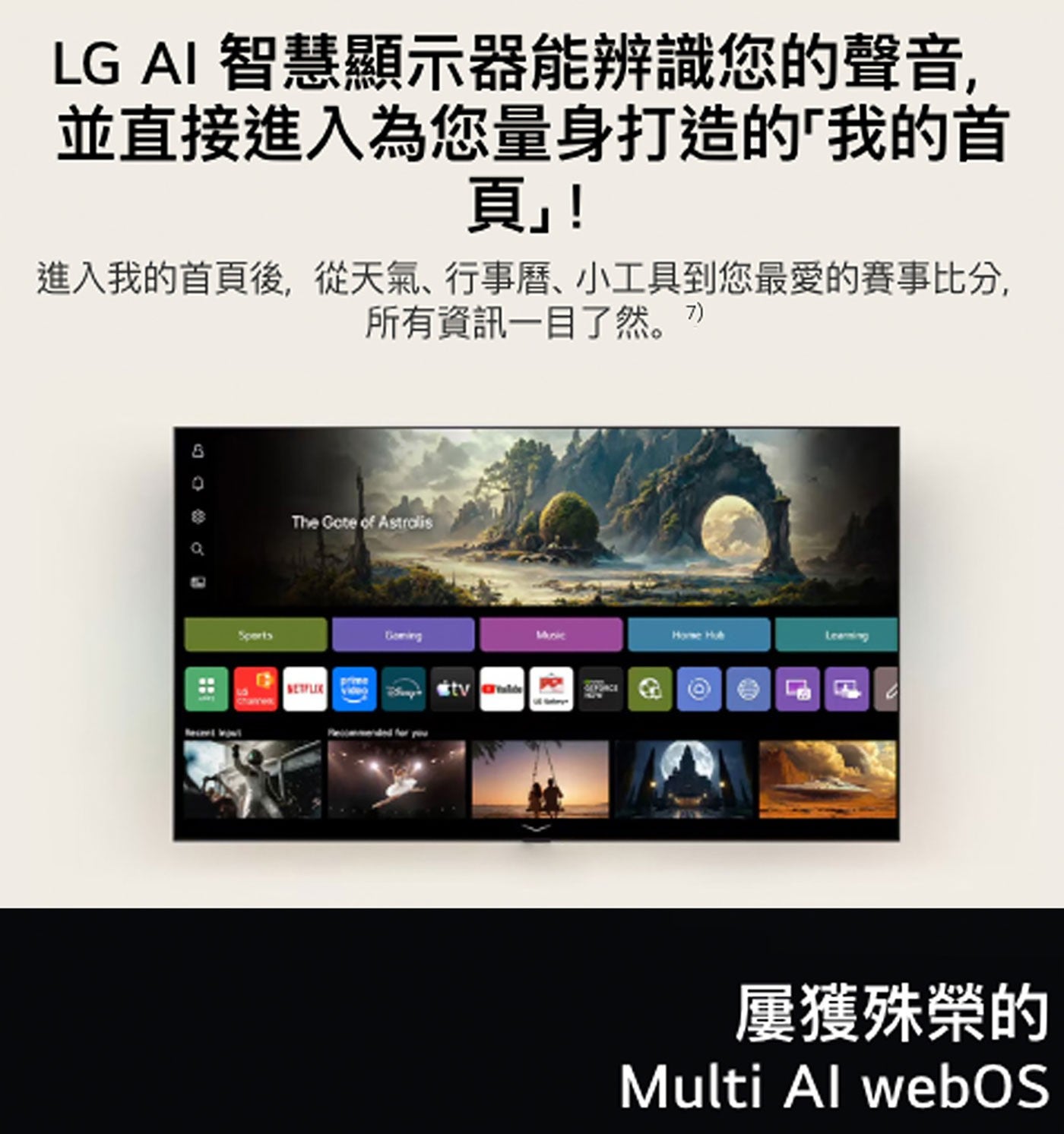LG AI 智慧顯示器能辨識您的聲音 並直接進入為您量身打造的「我的首 頁」! 進入我的首頁後,從天氣、行事曆、小工具到您最愛的賽事比分, 所有資訊1目了然。