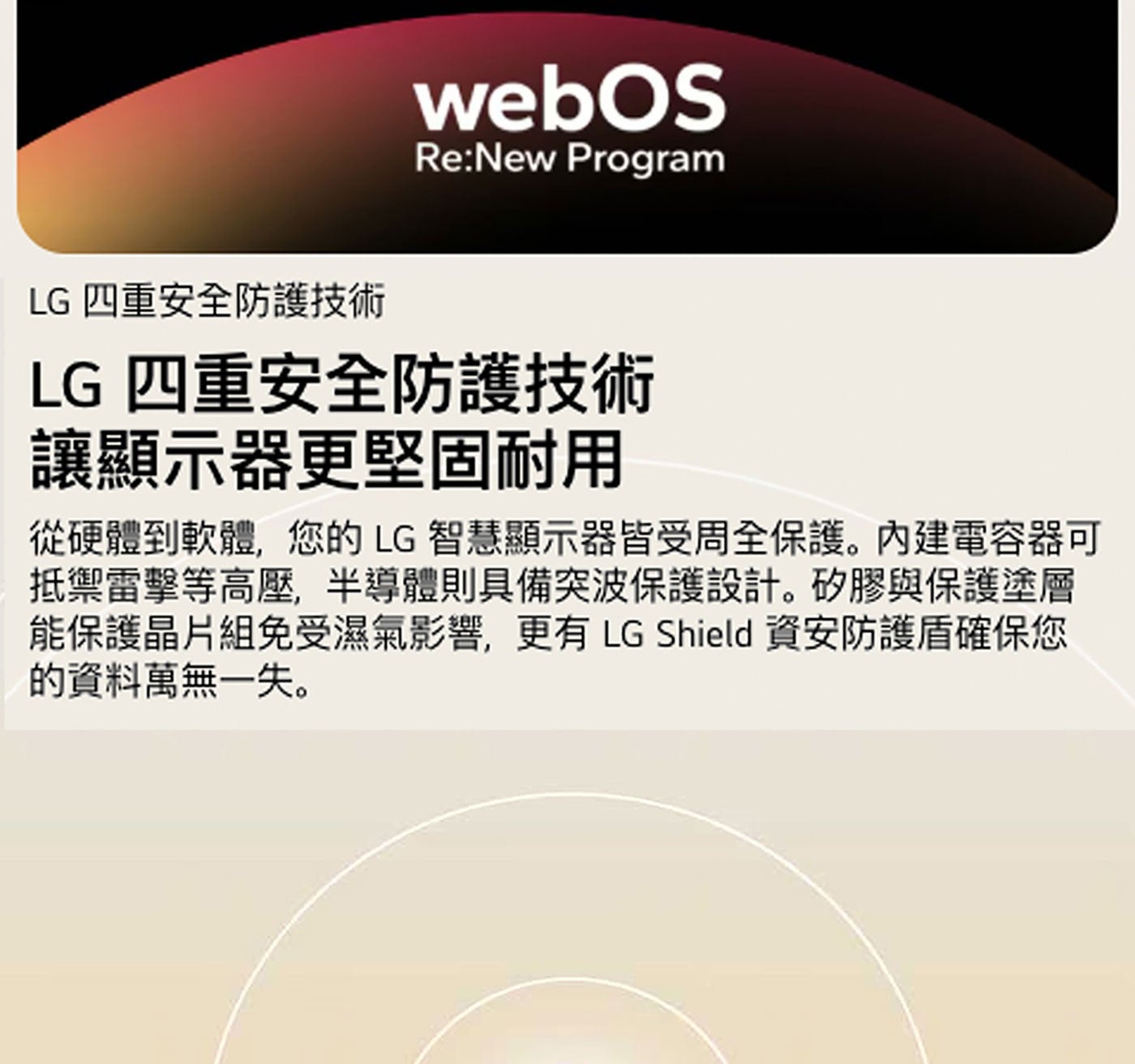 webOS Program LG 4重安全防護技術 讓顯示器更堅固耐用 從硬體到軟體,您的LG智慧顯示器皆受周全保護。內建電容器可 抵禦雷擊等高壓,半導體則具備突波保護設計。
