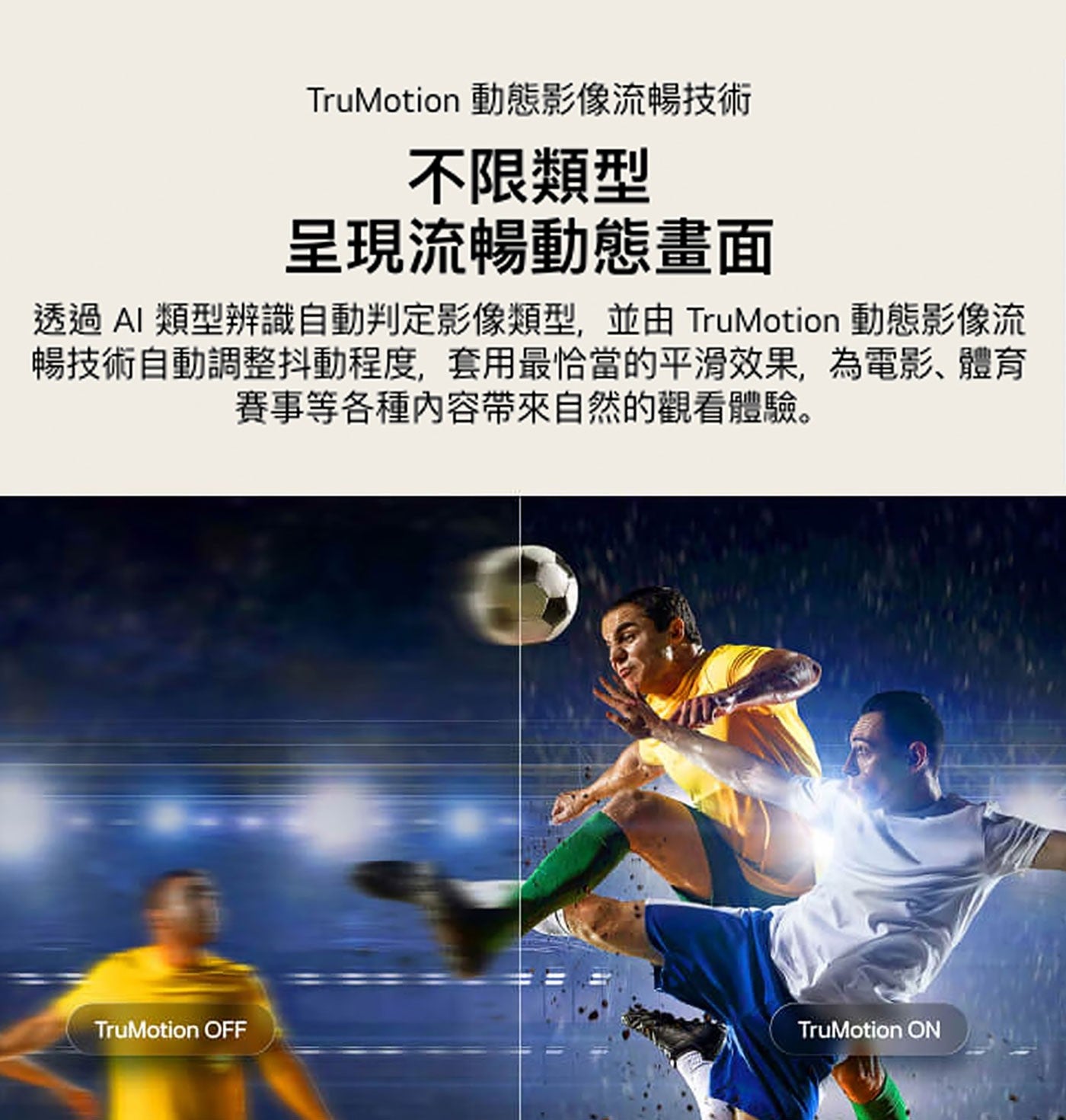 TruMotion 動態影像流暢技術 不限類型 呈現流暢動態畫面 透過AI 類型辨識自動判定影像類型,並由 動態影像流 暢技術自動調整抖動程度,套用最恰當的平滑效果,為電影...