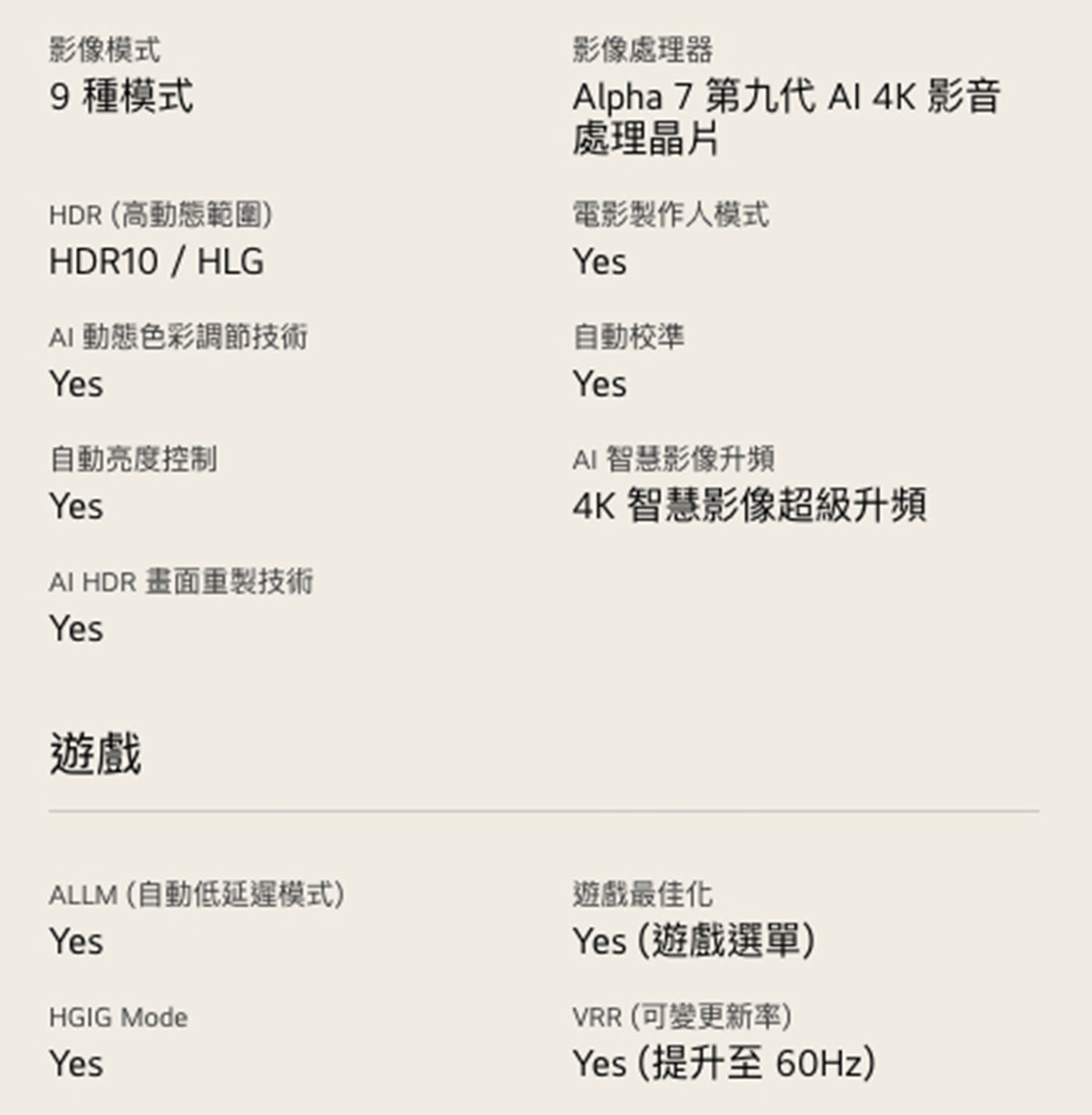 影像模式 種模式 HDR 高動態範圍 HDR10/HLG AI 動態色彩調節技術 Yes 自動亮度控制 畫面重製技術 影像處理器 Alpha 7第9代 影音 處理晶片 電影製作人模式 自動校準...