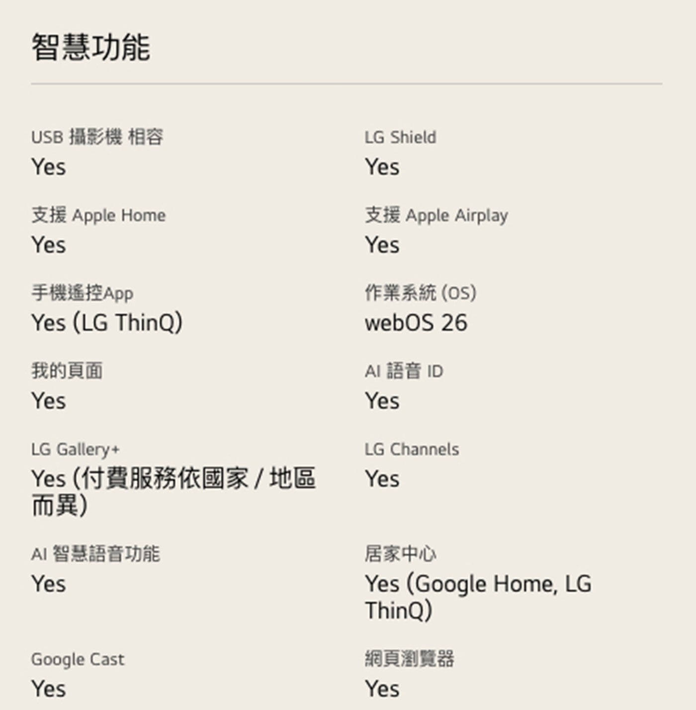 智慧功能 USB 攝影機 相容 Yes 支援 Apple Home 手機遙控App LG ThinQ 我的頁面 LG Gallery 付費服務依國家/地區 而異 AI 智慧語音功能 Shield...