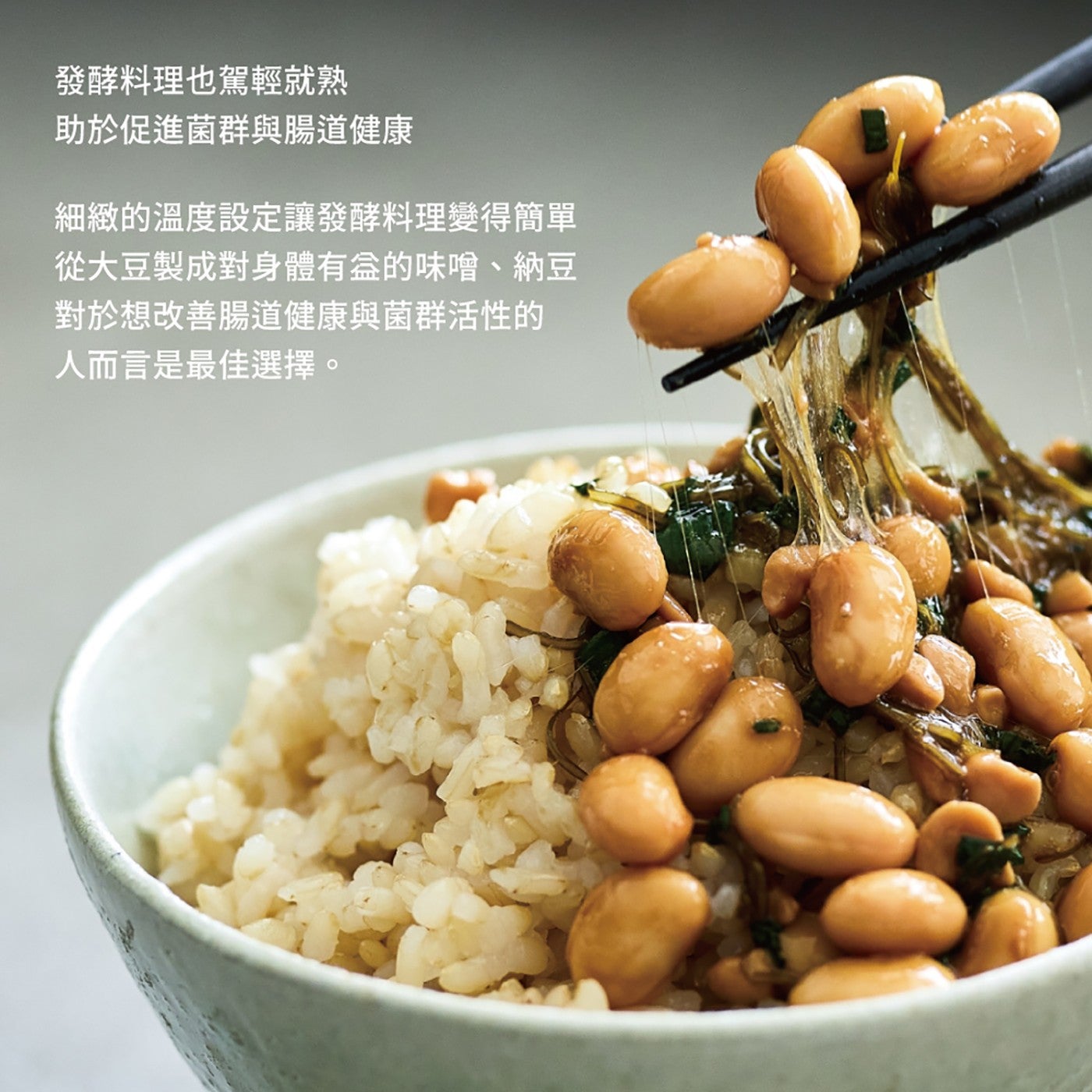 發酵料理也駕輕就熟 助於促進菌群與腸道健康 細緻的溫度設定讓發酵料理變得簡單 從大豆製成對身體有益的味噌噲、納豆 對於想改善腸道健康與菌群活性的 人而言是最佳選擇。