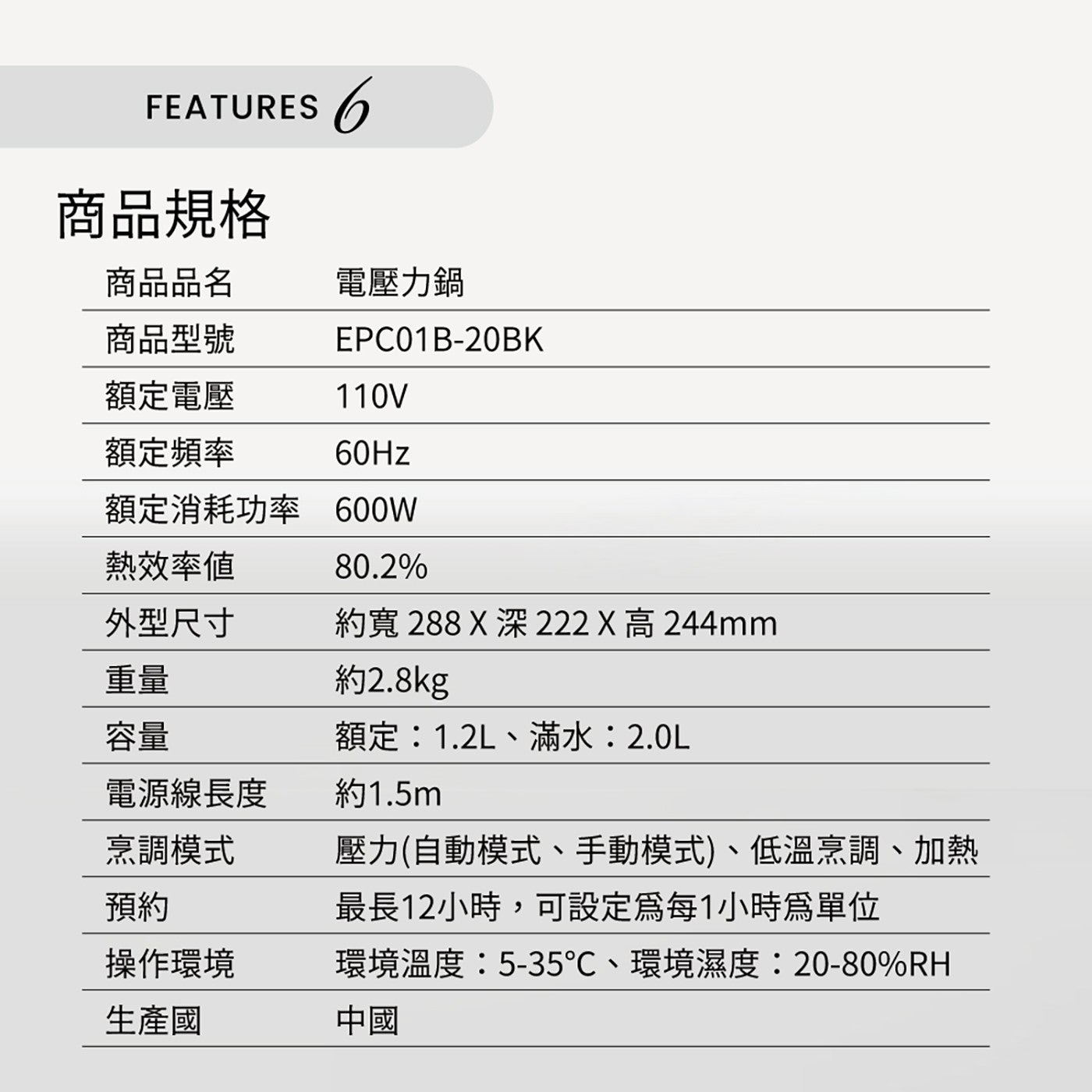 FEATURES 商品規格 商品品名 電壓力鍋 商品型號 EPC01B-20BK 額定電壓 110V 額定頻率 60Hz 額定消耗功率 600W 熱效率值 外型尺寸 約寬288 深...