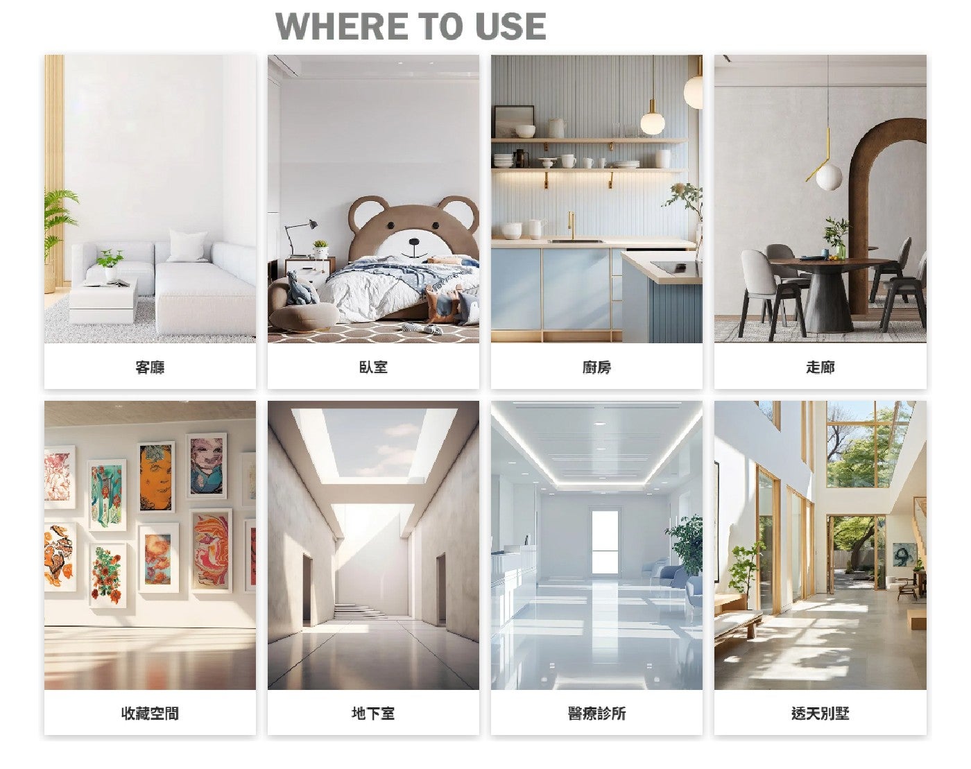 WHERE TO USE 客廳 臥室 廚房 走廊 收藏空間 地下室 醫療診所 透天別墅