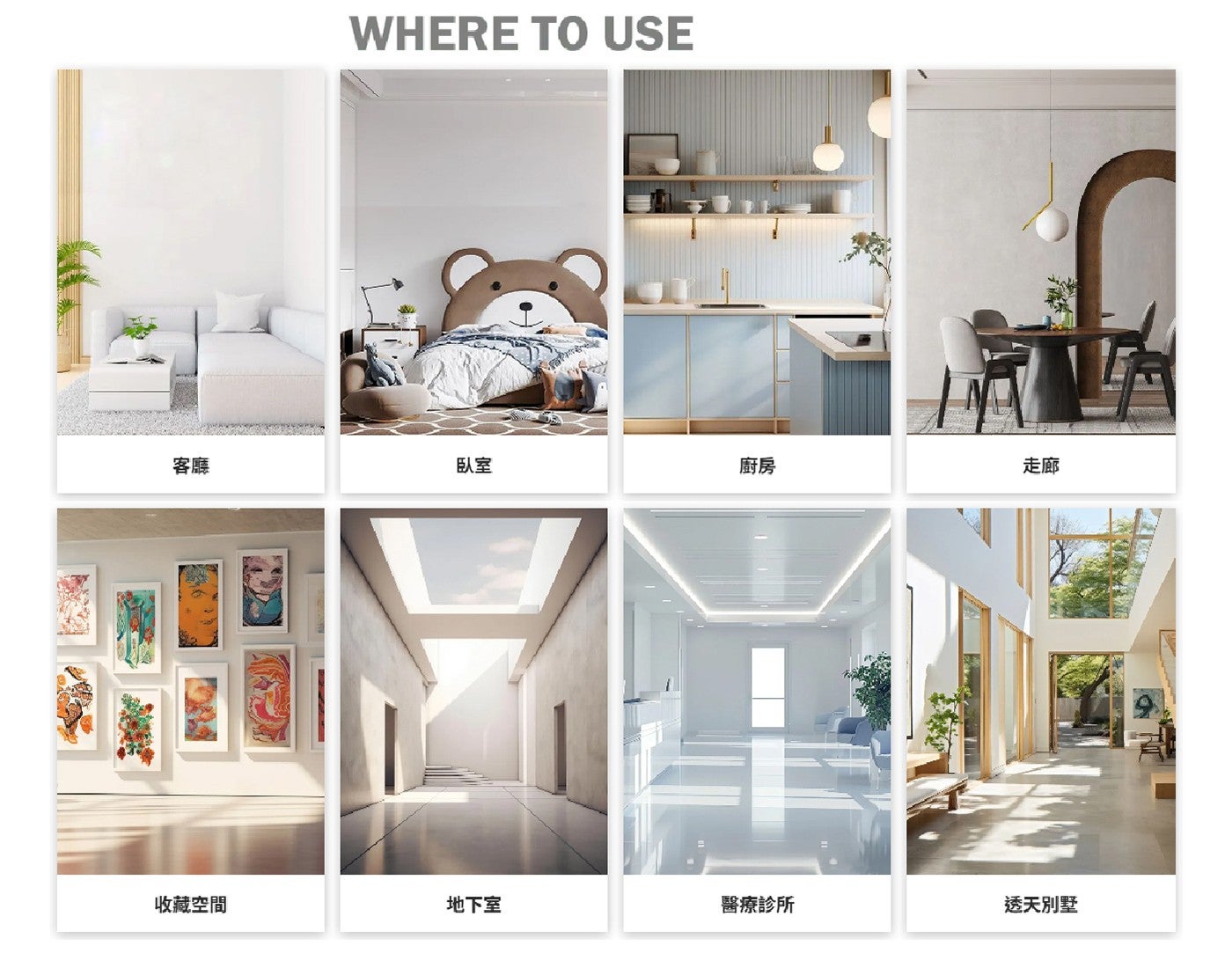 WHERE TO USE 客廳 臥室 廚房 走廊 收藏空間 地下室 醫療診所 透天別墅