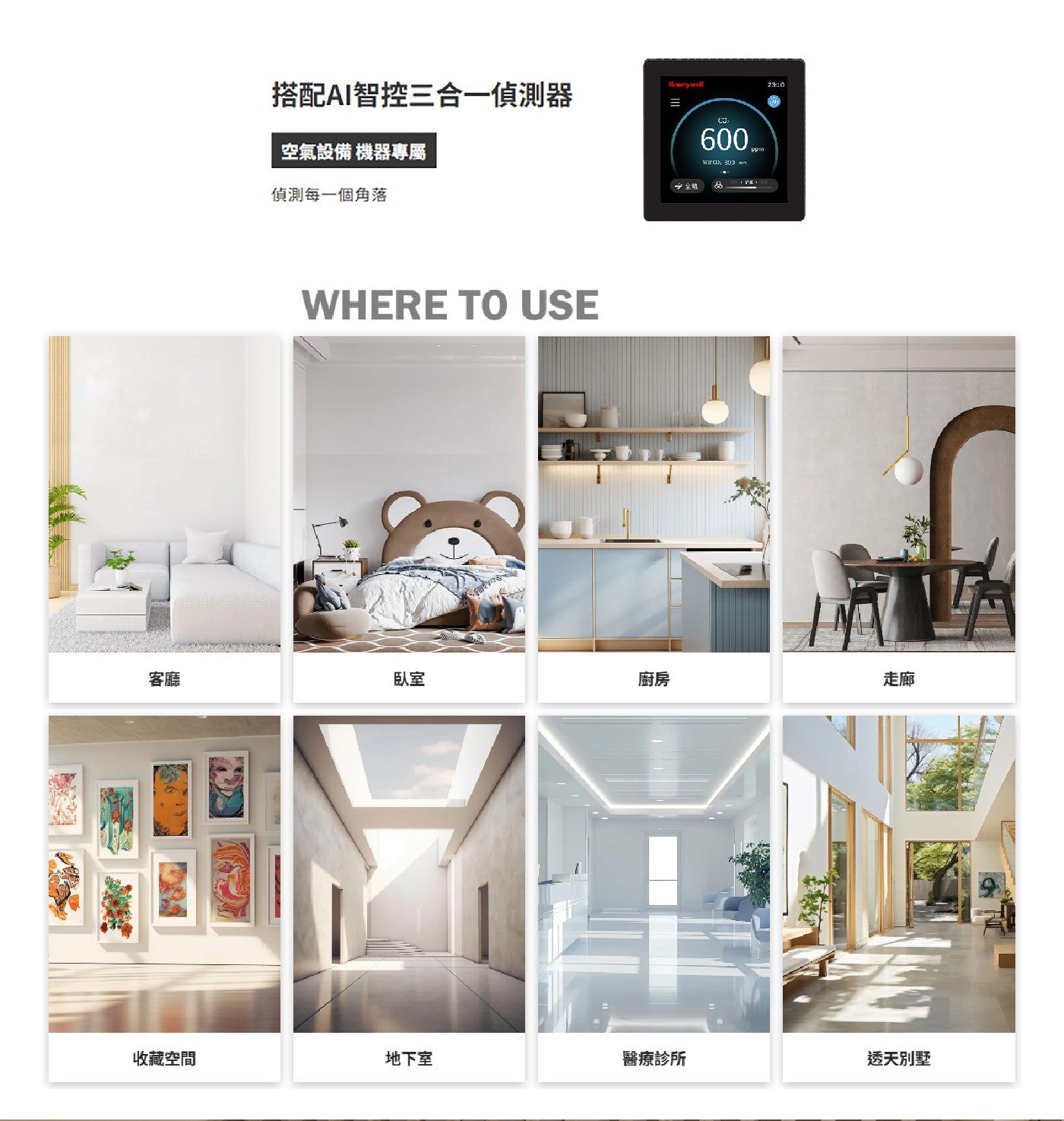 搭配AI智控三合一偵測器 Honeywell 空氣設備 機器專屬 偵測每一個角落 WHERE TO USE CO 客廳 臥室 廚房 走廊 收藏空間 地下室 醫療診所 透天別墅