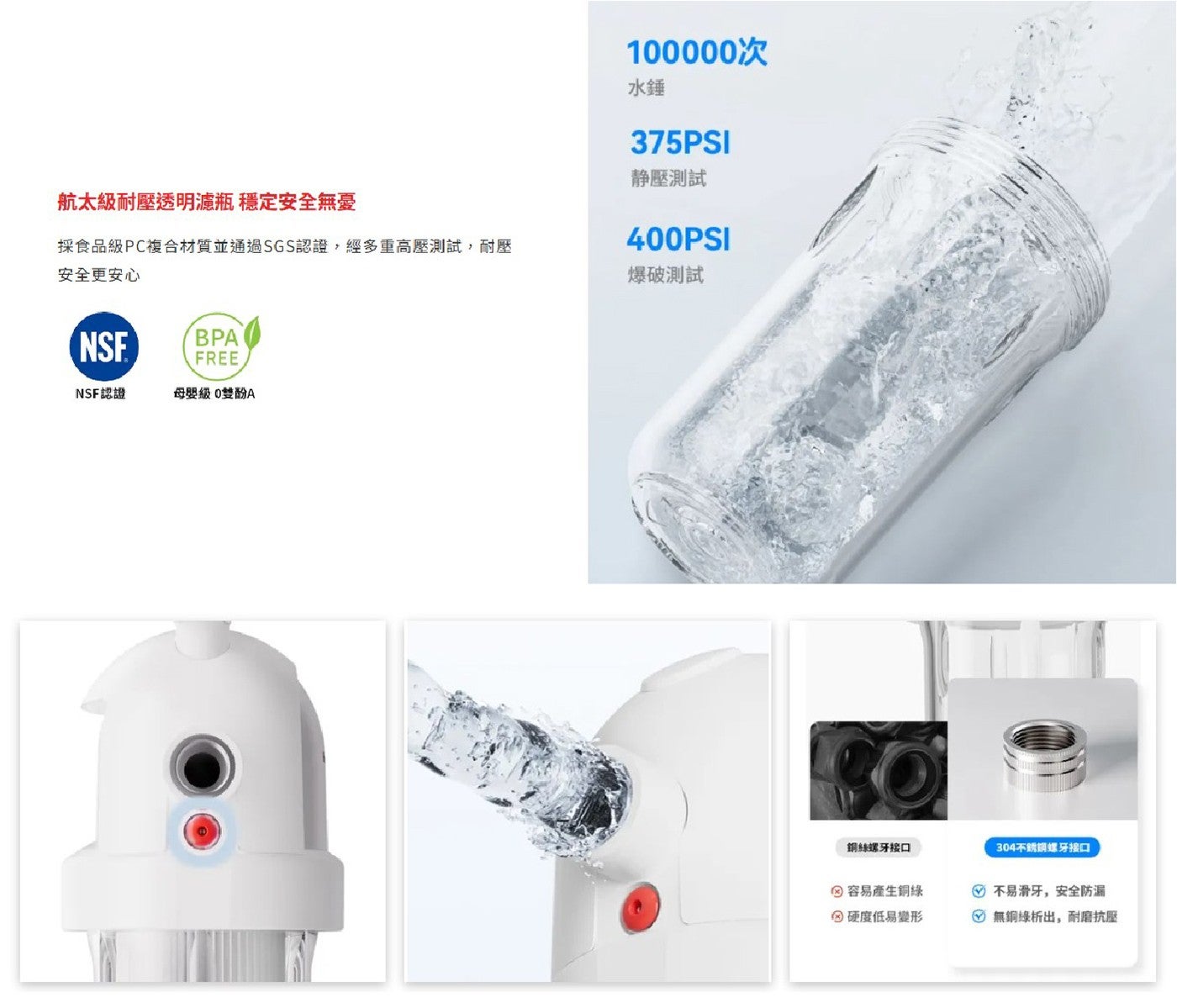 0次 水錘 静壓測試 航太級耐壓透明濾瓶 穩定安全無憂 採食品級PC複合材質並通過SGS認證,經多重高壓測試...