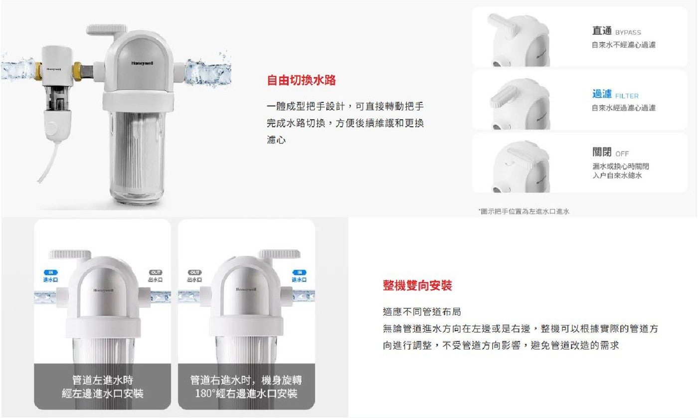 進水口 Honeywell 管道左進水時 經左邊進水口安装 直通 BYPASS 自來水不經濾心過濾 自由切换水路 一體成型把手設計,可直接轉動把手 完成水路切換...