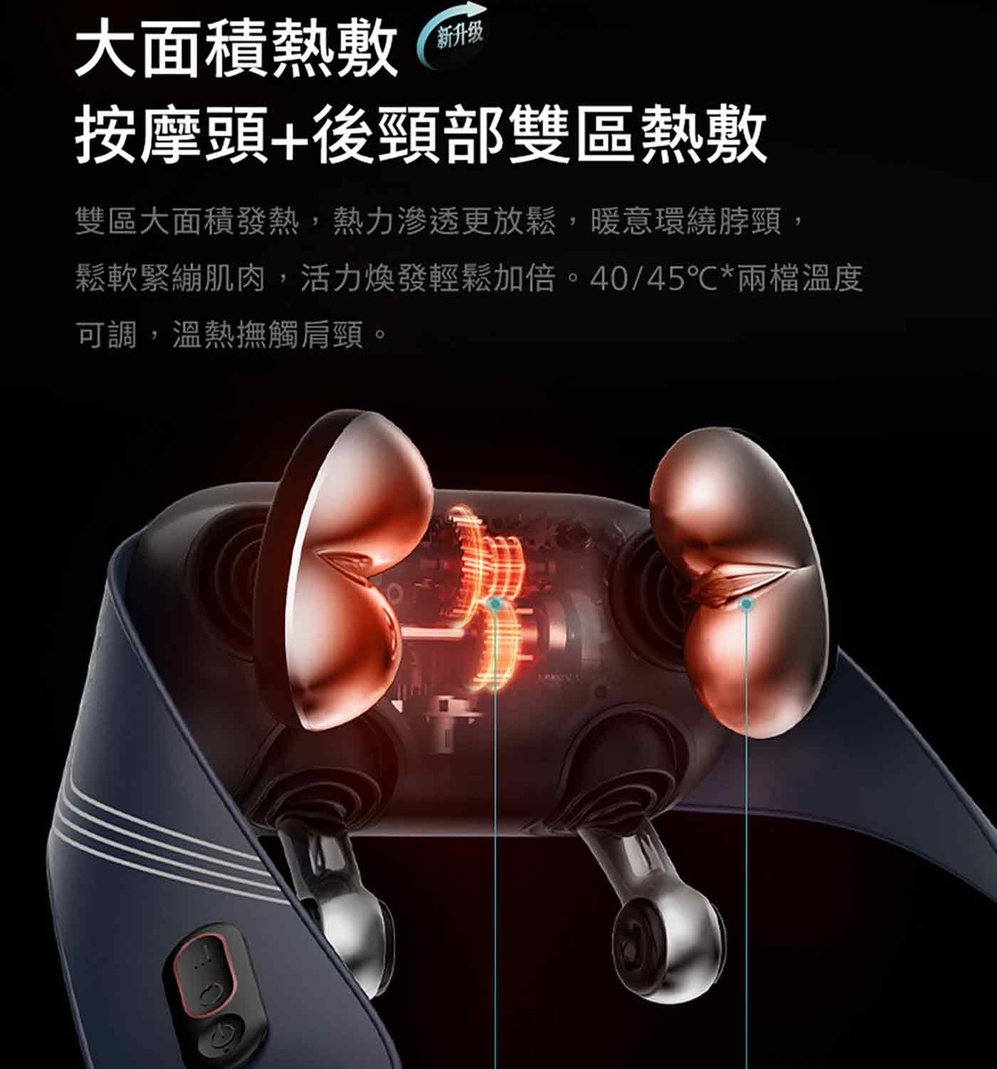 大面積熱敷 新升级 按摩頭後頸部雙區熱敷 雙區大面積發熱,熱力滲透更放鬆,暖意環繞脖頸, 鬆軟緊繃肌肉,活力煥發輕鬆加倍。40/45°C兩檔溫度 可調,溫熱撫觸肩頸。