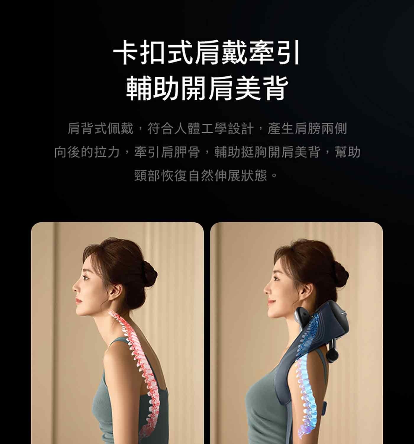 卡扣式肩戴牽引 輔助開肩美背 肩背式佩戴,符合人體工學設計,產生肩膀兩側 向後的拉力,牽引肩胛骨,輔助挺胸開肩美背,幫助 頸部恢復自然伸展狀態。