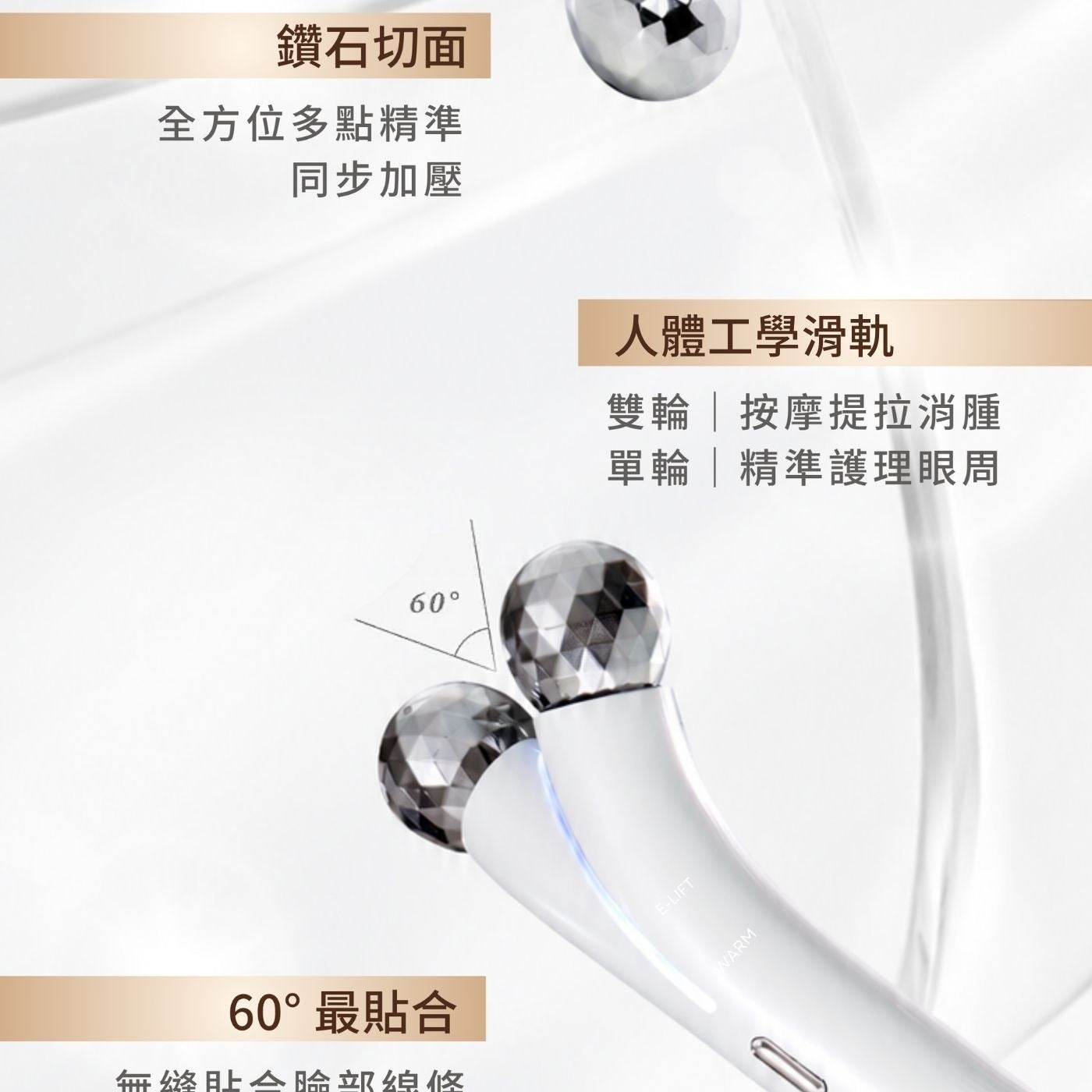 鑽石切面全方位多點精準同步加壓 60°最貼合人體工學滑軌雙輪按摩提拉消腫單輪精準護理眼周