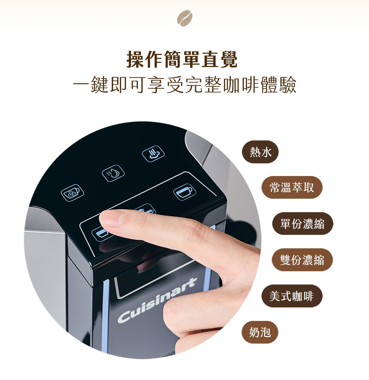 操作簡單直覺 一鍵即可享受完整咖啡體驗 Cuisinart 熱水 常溫萃取 單份濃縮 雙份濃縮 美式咖啡 奶泡