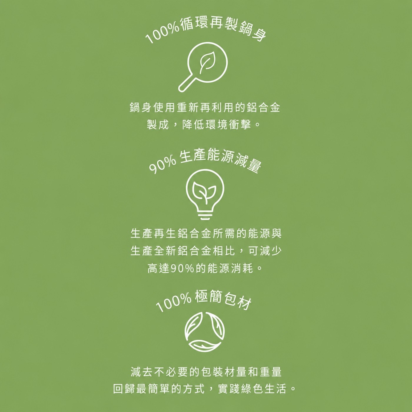 100循環再製鍋身 鍋身使用重新再利用的鋁合金 製成,降低環境衝擊。 生產能源減量 生產再生鋁合金所需的能源與 生產全新鋁合金相比,可減少 高達90的能源消耗。
