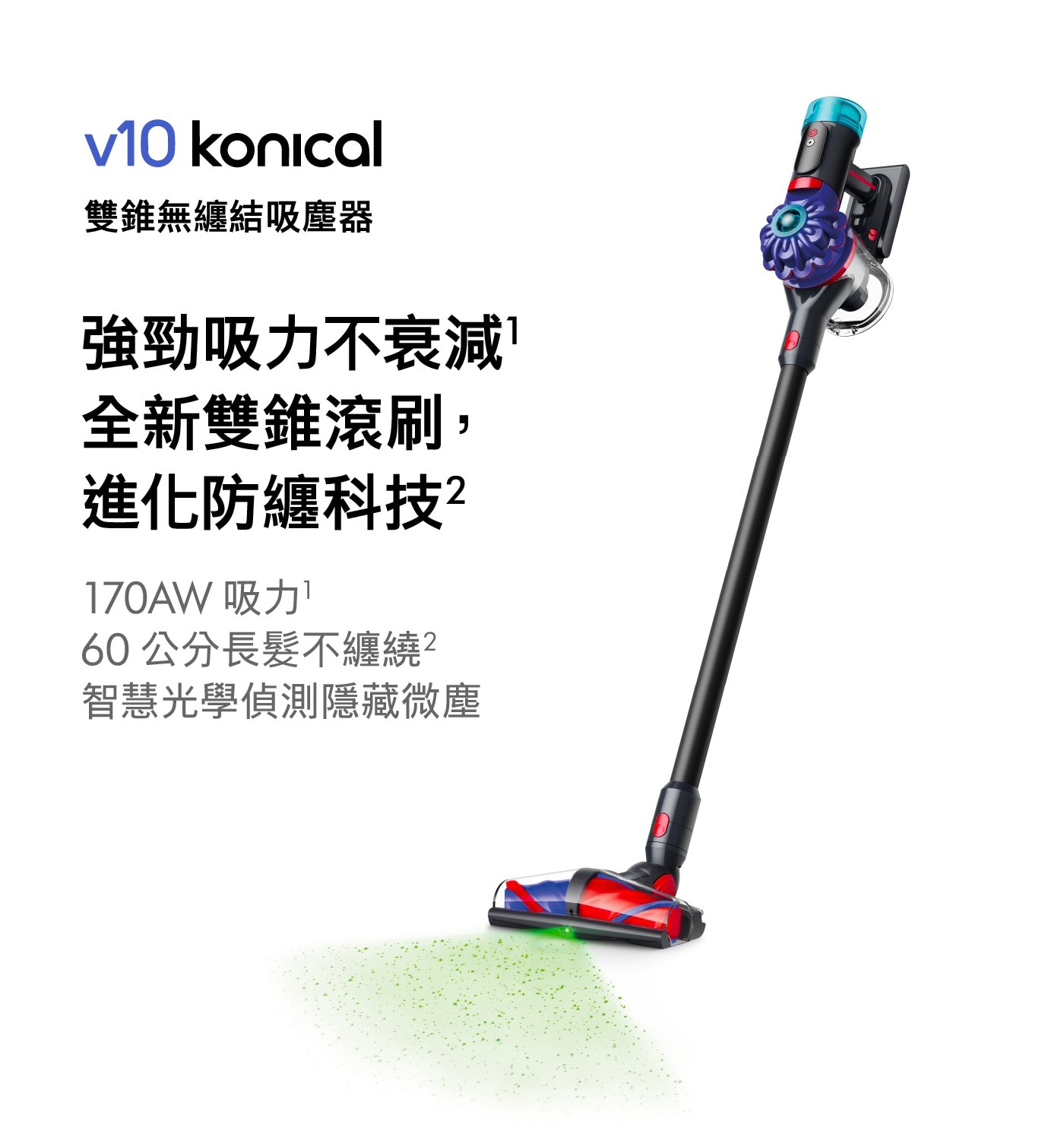 konical 雙錐無纏結吸塵器 強勁吸力不衰減 全新雙錐滾刷, 進化防纏科技? 吸力 60公分長髮不纏繞2 智慧光學偵測隱藏微塵
