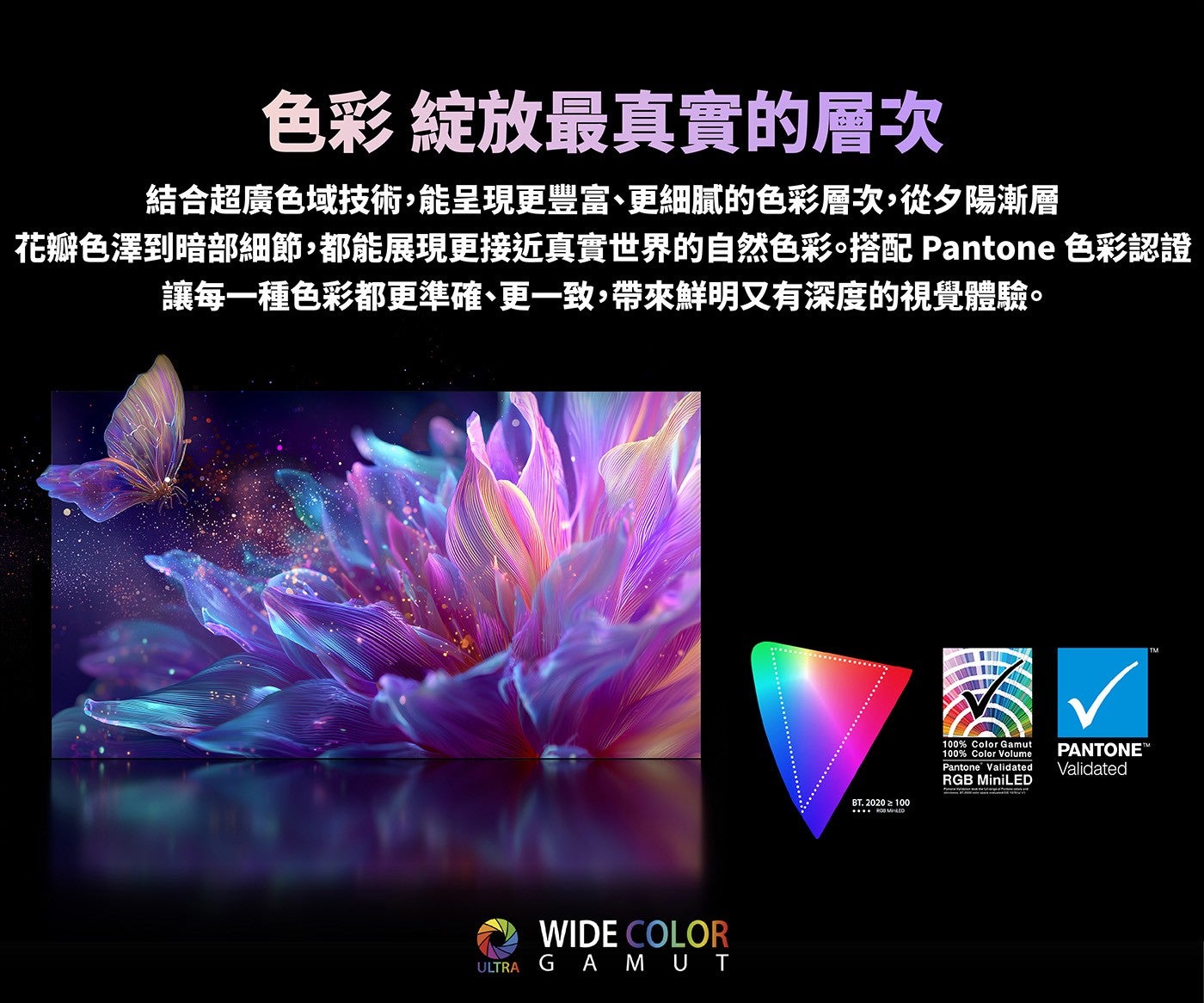 色彩綻放最真實的層次結合超廣色域技術,能呈現更豐富、更細膩的色彩層次,從夕陽漸層花瓣色澤到暗部細節,都能展現更接近真實世界的自然色彩搭配 Pantone 色彩認證讓每一種色彩都更準確、更一致,帶來鮮明又有深度的視覺體驗