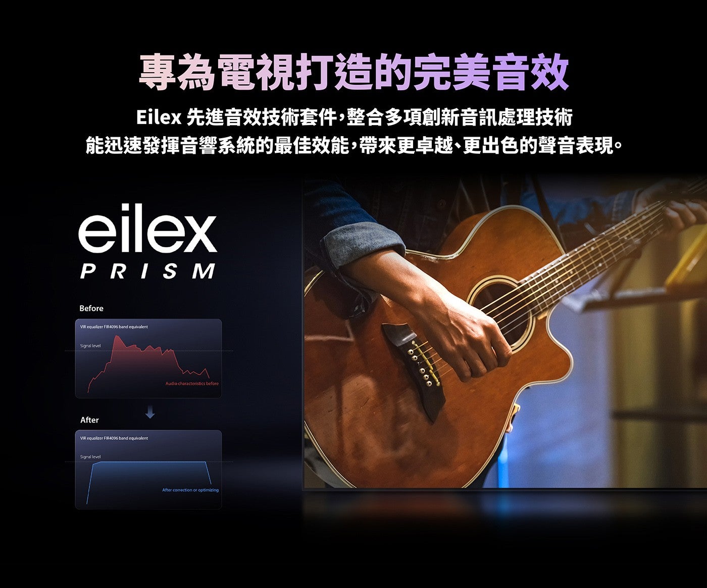 專為電視打造的完美音效 Eilex 先進音效技術套件,整合多項創新音訊處理技術能迅速發揮音響系統的最佳效能,帶來更卓越、更出色的聲音表現