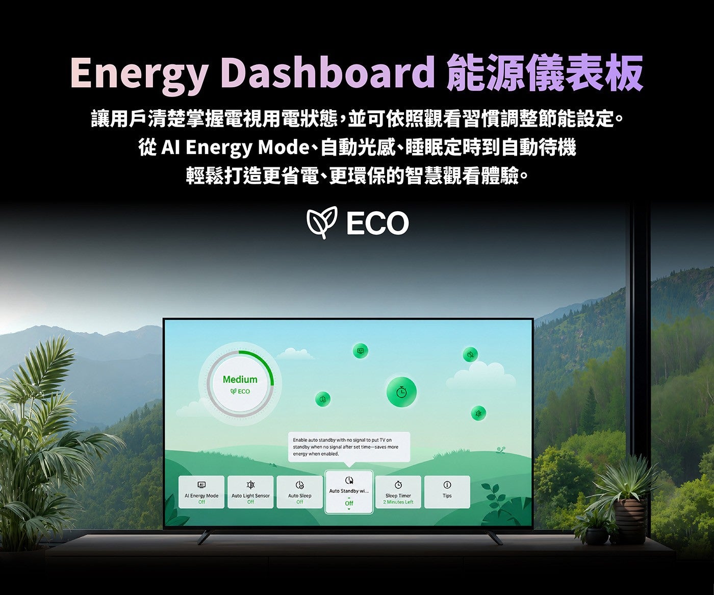 Energy Dashboard 能源儀表板讓用戶清楚掌握電視用電狀態,並可依照觀看習慣調整節能設定從 Al Energy Mode、自動光感、睡眠定時到自動待機輕鬆打造更省電、更環保的智慧觀看體驗迪過