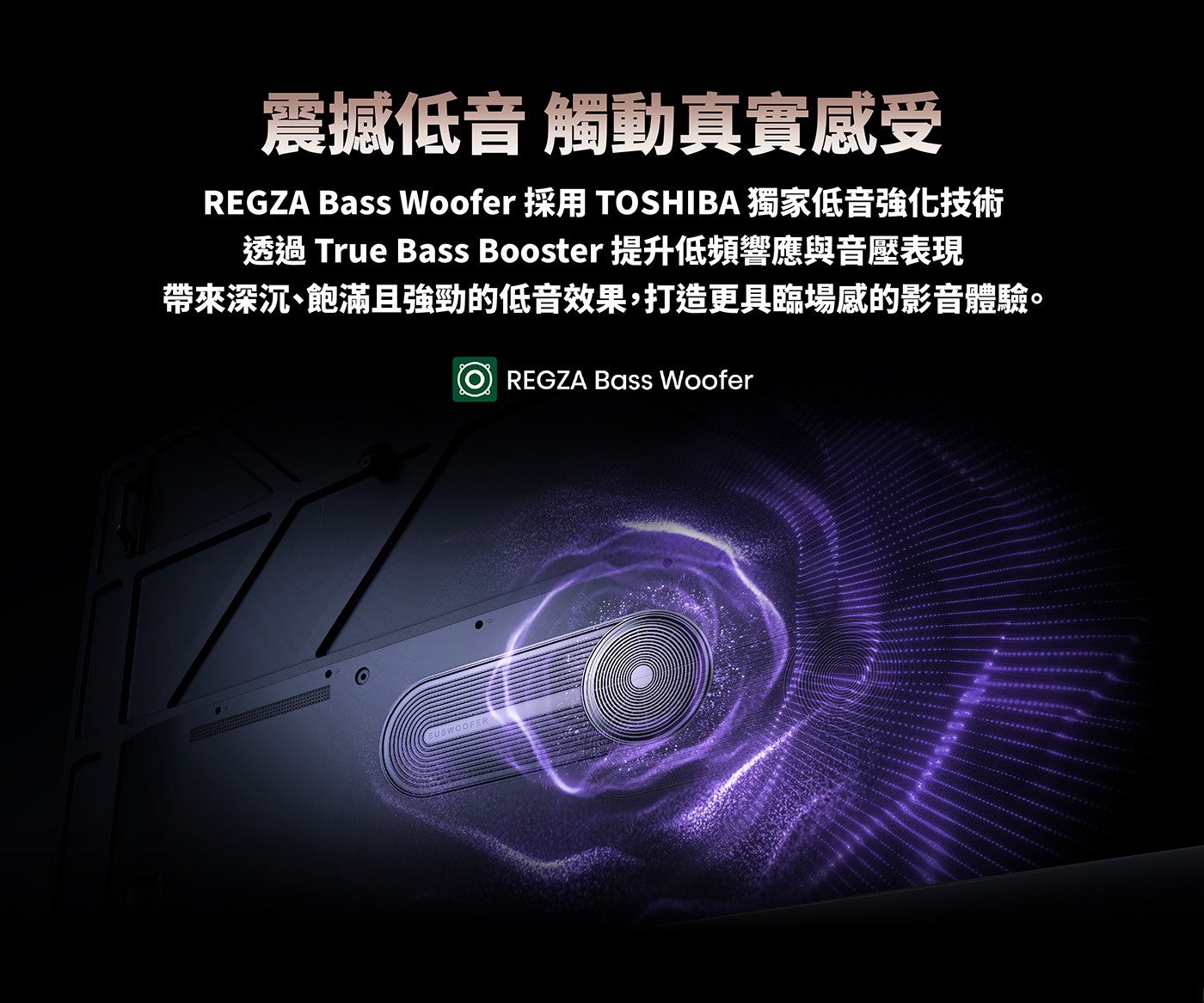 震撼低音觸動真實感受 REGZA Bass Woofer 採用 TOSHIBA 獨家低音強化技術透過 True Bass Booster 提升低頻響應與音壓表現帶來深沉、飽滿且強勁的低音效果,打造更具臨場感的影音體驗