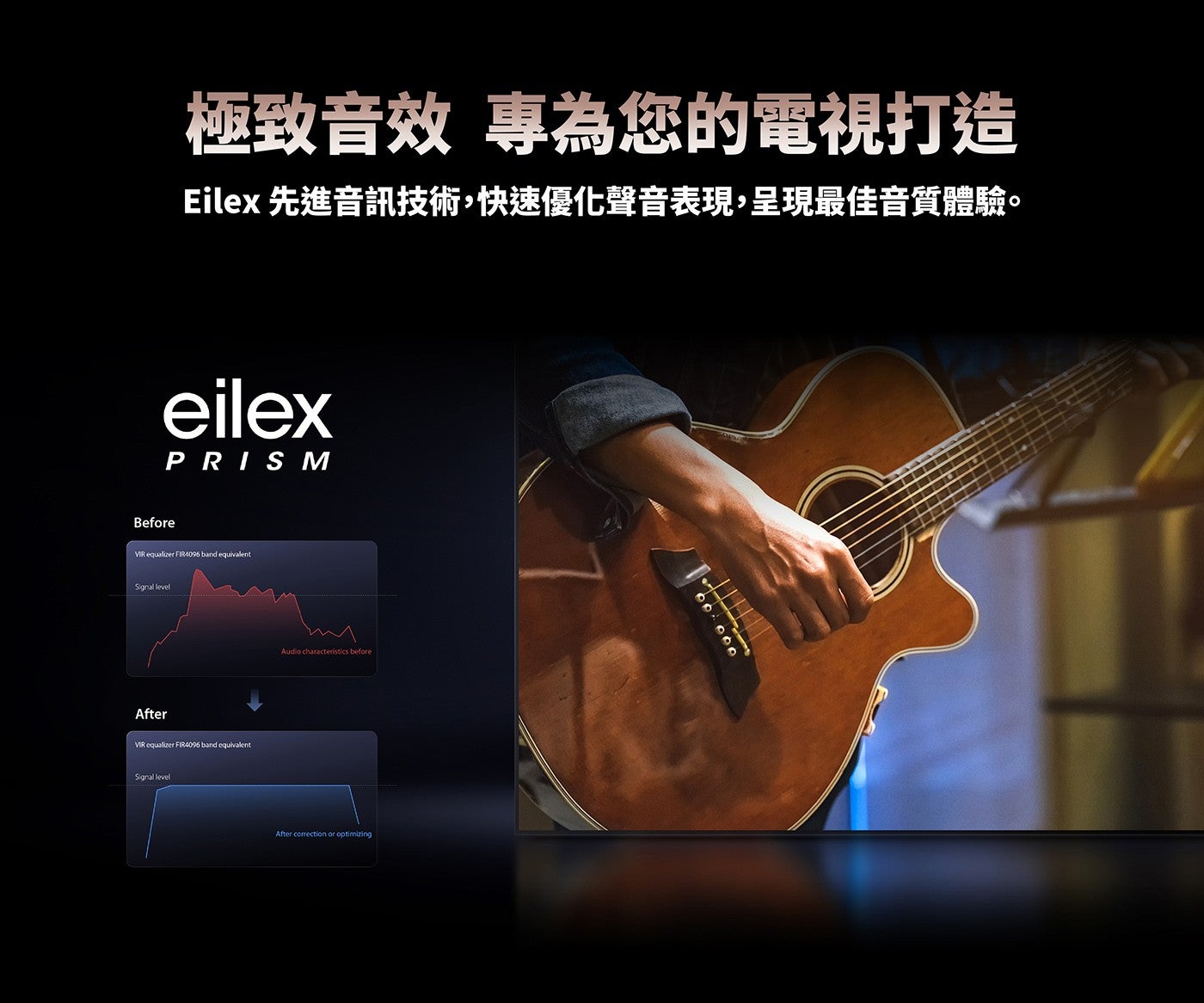 極致音效專為您的電視打造 Eilex 先進音訊技術,快速優化聲音表現,呈現最佳音質體驗