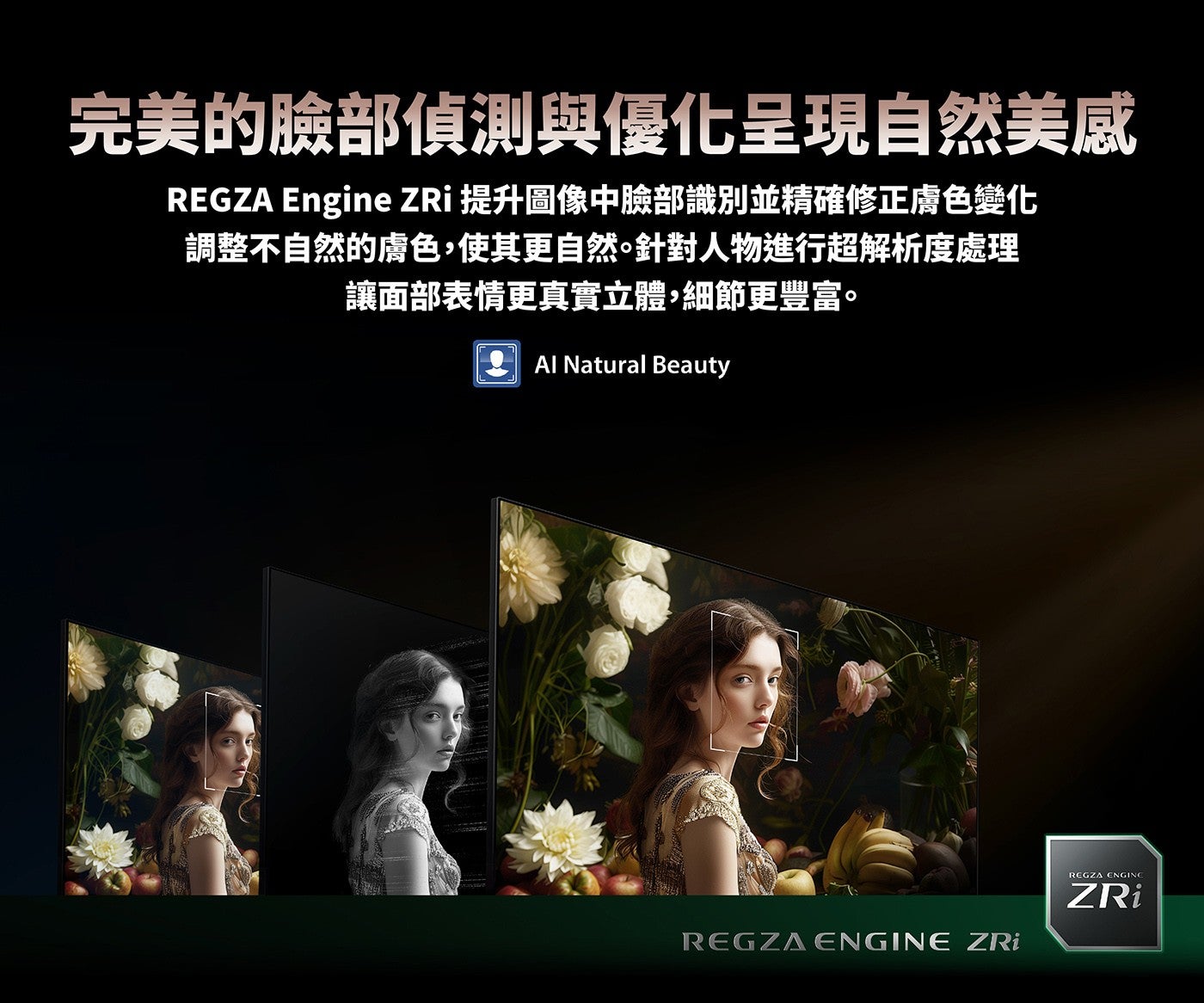 完美的臉部偵測與優化呈現自然美感 REGZA Engine ZRi 提升圖像中臉部識別並精確修正膚色變化調整不自然的膚色,使其更自然針對人物進行超解析度處理讓面部表情更真實立體,細節更豐富