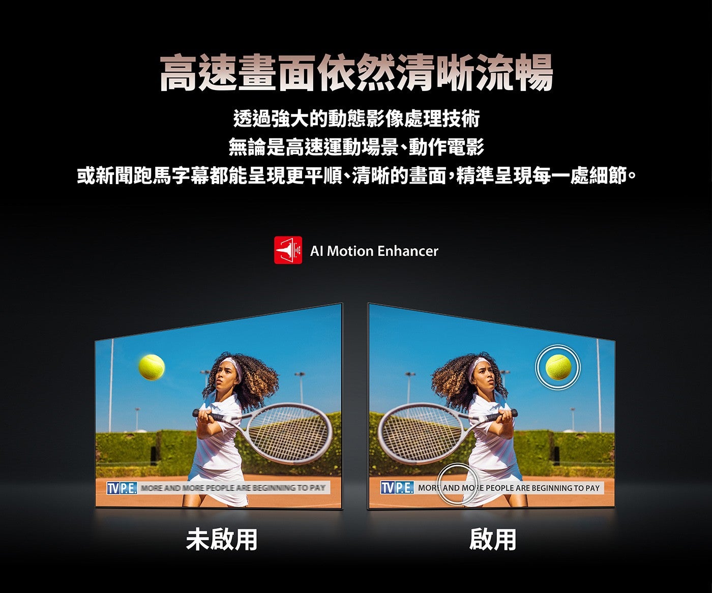 高速畫面依然清晰流暢透過強大的動態影像處理技術無論是高速運動場景、動作電影或新聞跑馬字幕都能呈現更平順、清晰的畫面,精準呈現每一處細節未啟用啟用