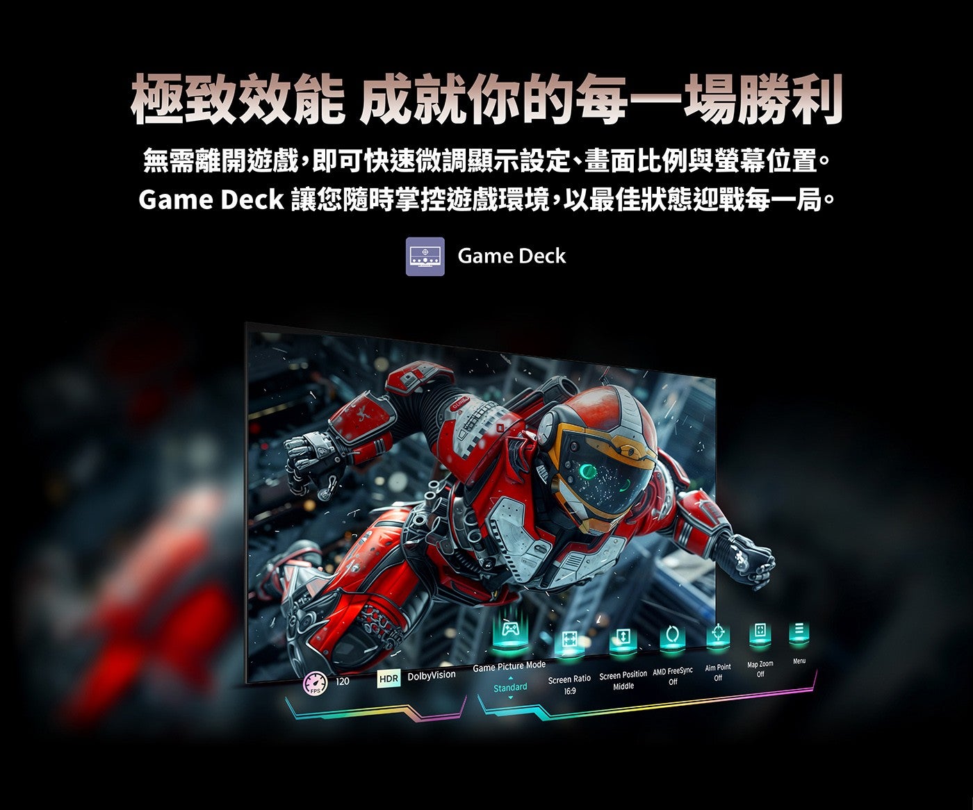 極致效能成就你的每一場勝利無需離開遊戲,即可快速微調顯示設定、畫面比例與螢幕位置 Game Deck 讓您隨時掌控遊戲環境,以最佳狀態迎戰每一局田