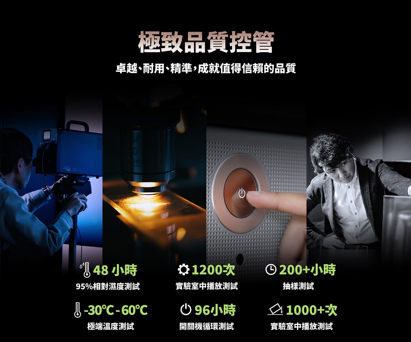 極致品質控管卓越、耐用、精準,成就值得信賴的品質 61 48小時 ¤1200次 95相對濕度測試實驗室中播放測試 1 96小時 1200小時抽樣測試 1000次極端溫度測試開關機循環測試實驗室中播放測試