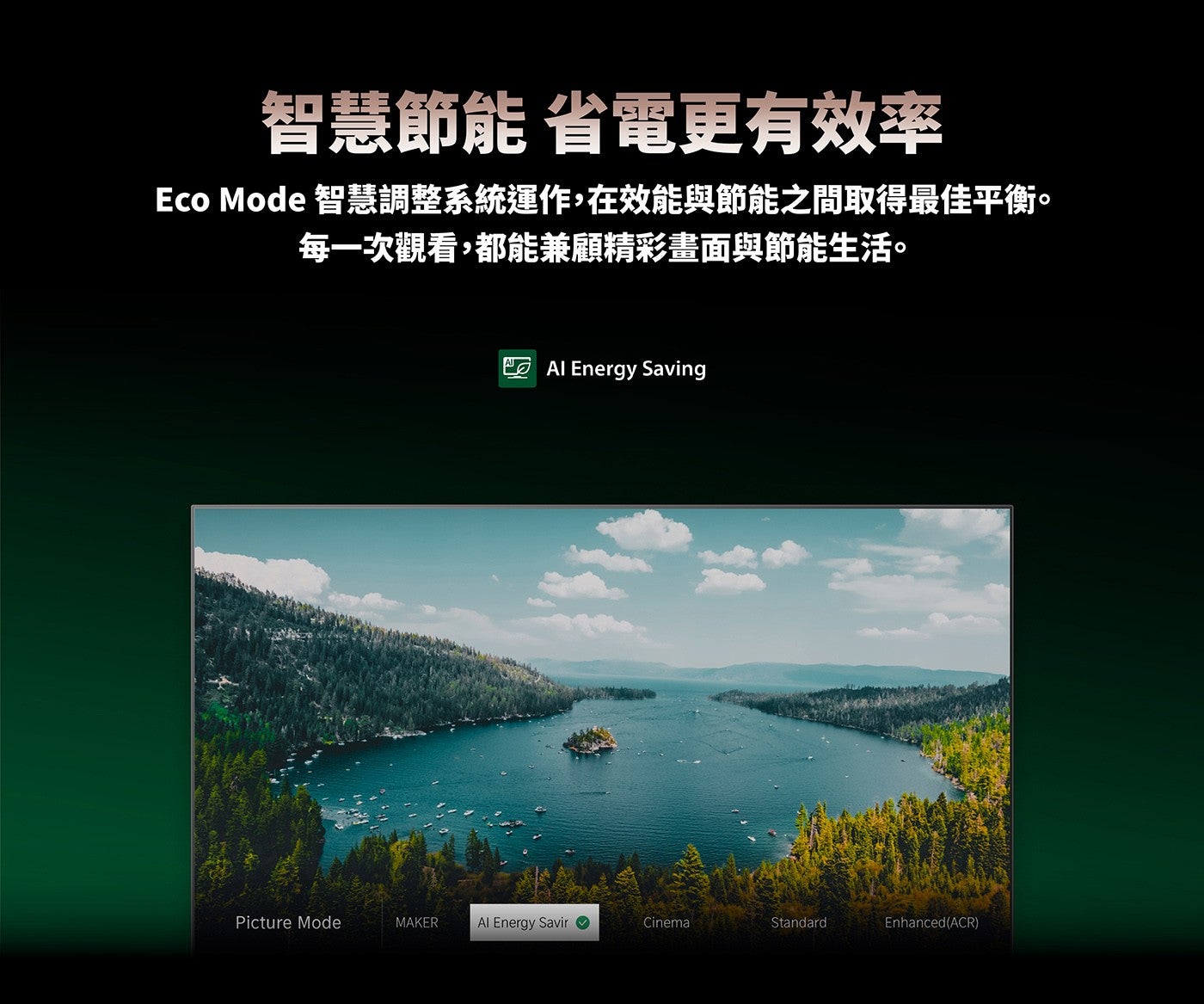 智慧節能省電更有效率 Eco Mode 智慧調整系統運作,在效能與節能之間取得最佳平衡每一次觀看,都能兼顧精彩畫面與節能生活