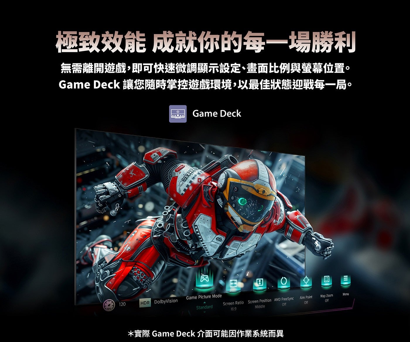 極致效能成就你的每一場勝利無需離開遊戲,即可快速微調顯示設定、畫面比例與螢幕位置 Game Deck 讓您隨時掌控遊戲環境,以最佳狀態迎戰每一局實際 Game Deck 介面可能因作業系統而異