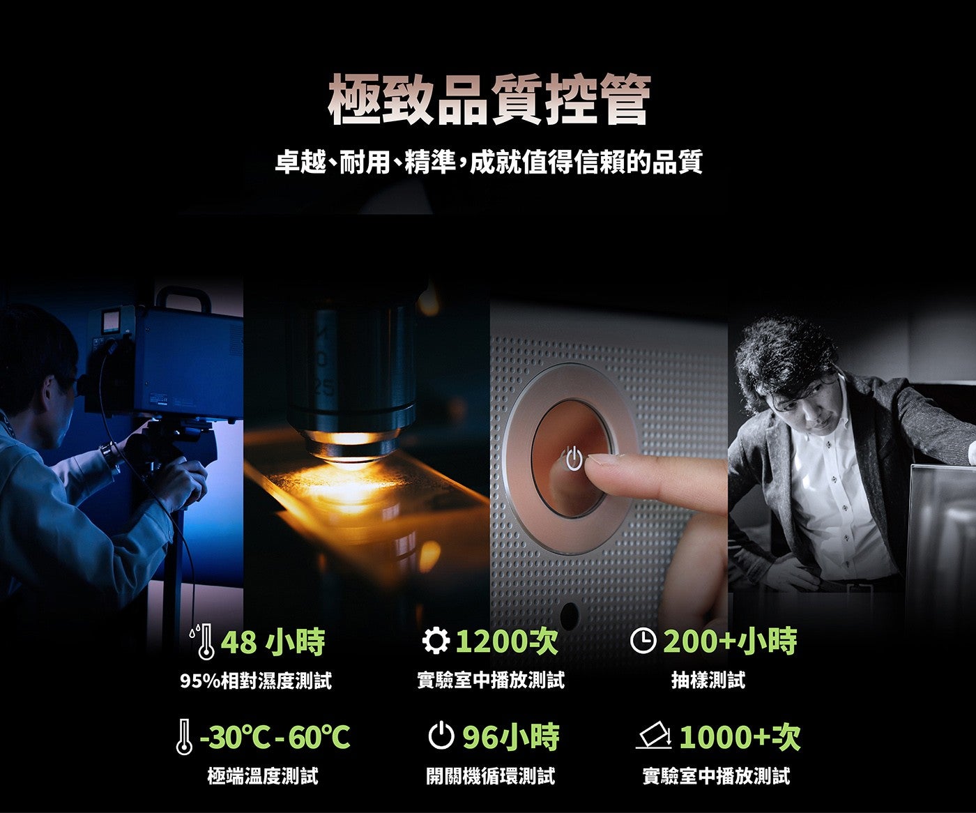 極致品質控管卓越、耐用、精準,成就值得信賴的品質 1 48小時 95相對濕度測試 1200次 1200小時實驗室中播放測試 1 96小時抽樣測試 1000次極端溫度測試開關機循環測試實驗室中播放測試