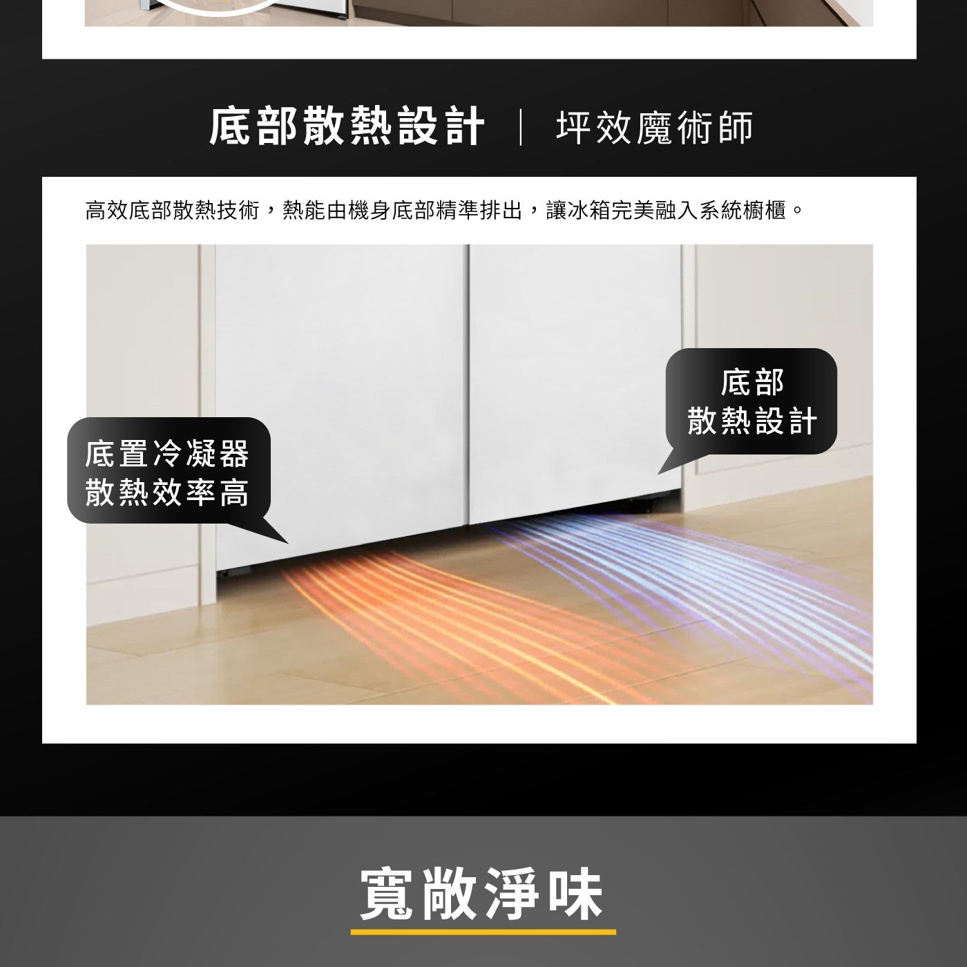 底部散熱設計 坪效魔術師 高效底部散熱技術,熱能由機身底部精準排出,讓冰箱完美融入系統櫥櫃。 底置冷凝器 散熱效率高 寬敞淨味 底部 散熱設計