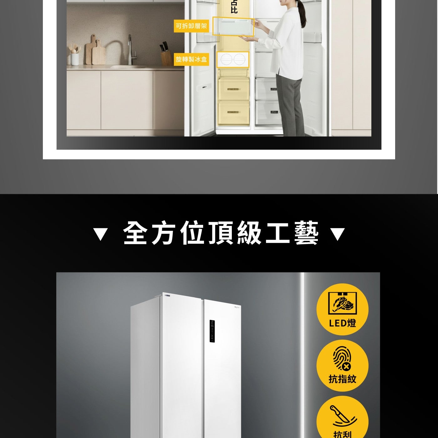 可拆卸層架 旋轉製冰盒 占比 全方位頂級工藝 LED燈 抗指紋 抗刮