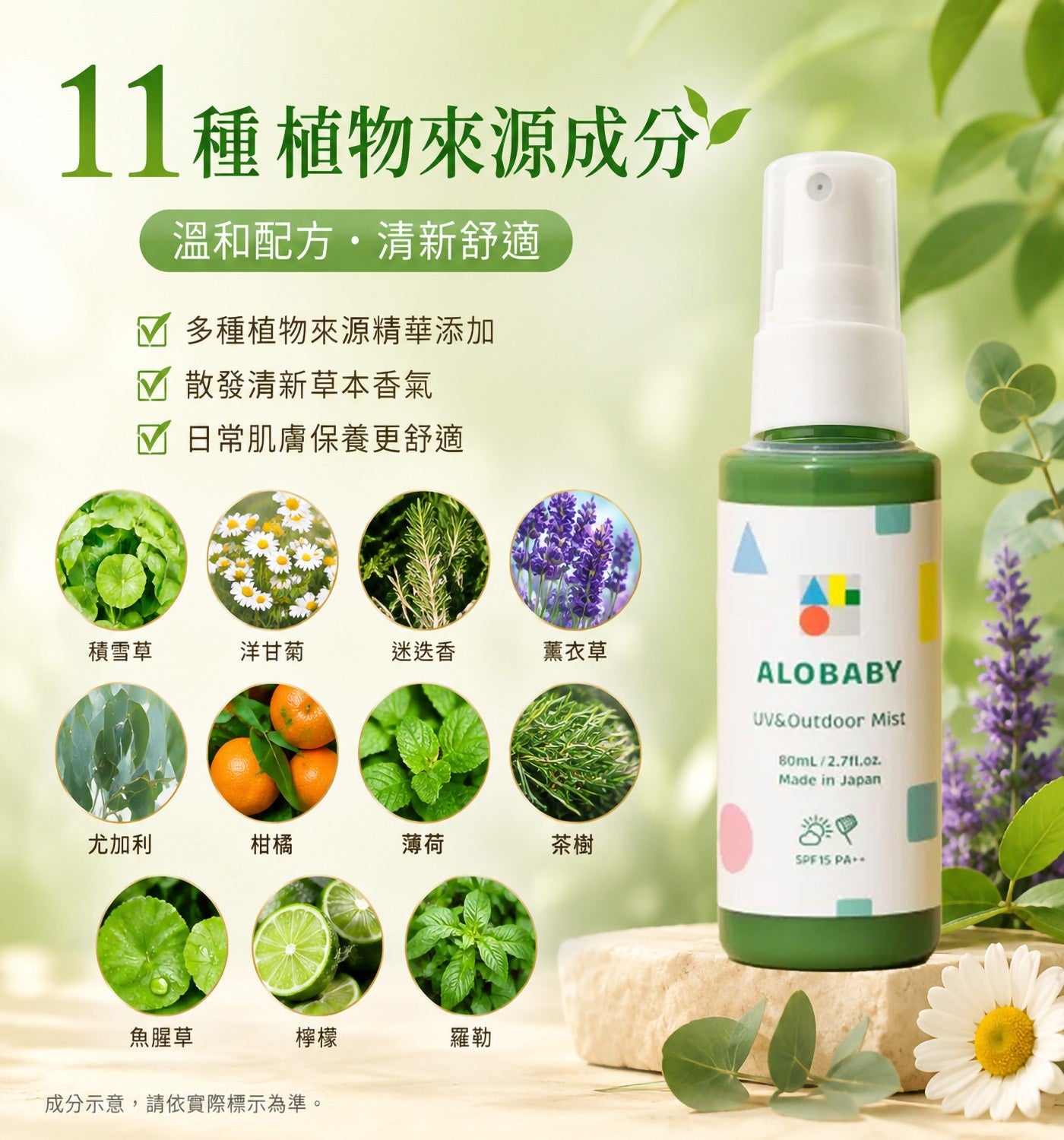 11種植物來源成分溫和配方清新舒適多種植物來源精華添加 √ 散發清新草本香氣日常肌膚保養更舒適積雪草洋甘菊迷迭香薰衣草尤加利柑橘薄荷茶樹魚腥草檸檬羅勒成分示意,請依實際標示為準