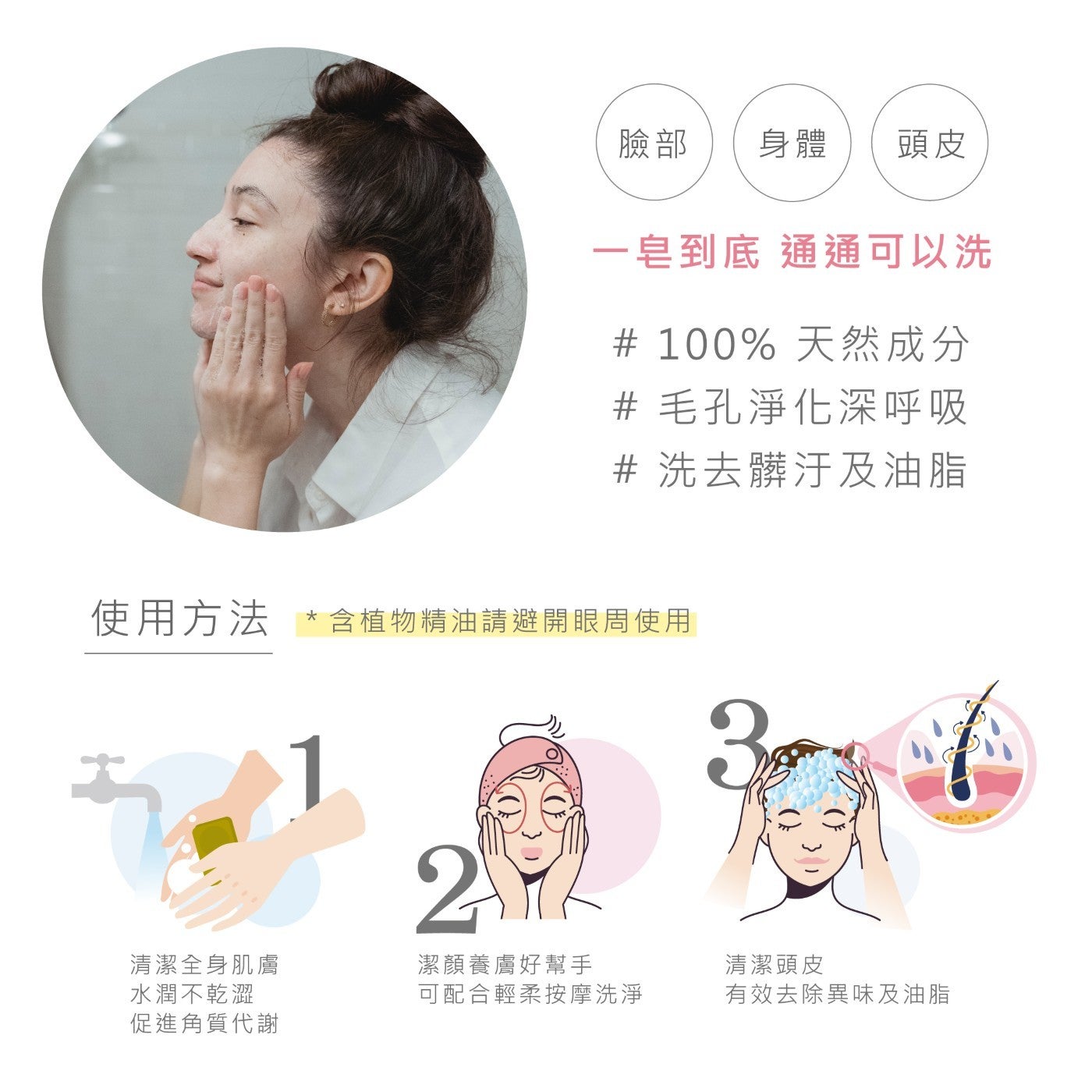 臉部身體頭皮1皂到底通通可以洗 100 天然成分毛孔淨化深呼吸洗去髒汙及油脂使用方法含植物精油請避開眼周使用清潔全身肌膚水潤不乾澀潔顏養膚好幫手可配合輕柔按摩洗淨清潔頭皮有效去除異味及油脂促進角質代謝