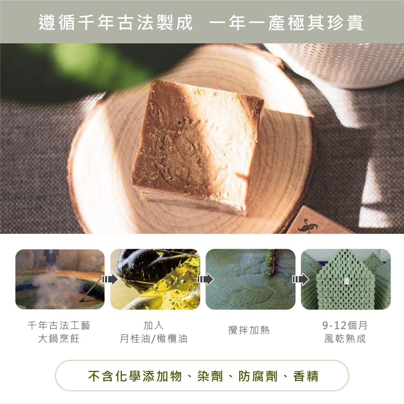 遵循千年古法製成1年1產極其珍貴千年古法工藝大鍋烹飪加入月桂油/橄欖油 9-12個月攪拌加熱風乾熟成不含化學添加物、染劑、防腐劑、香精