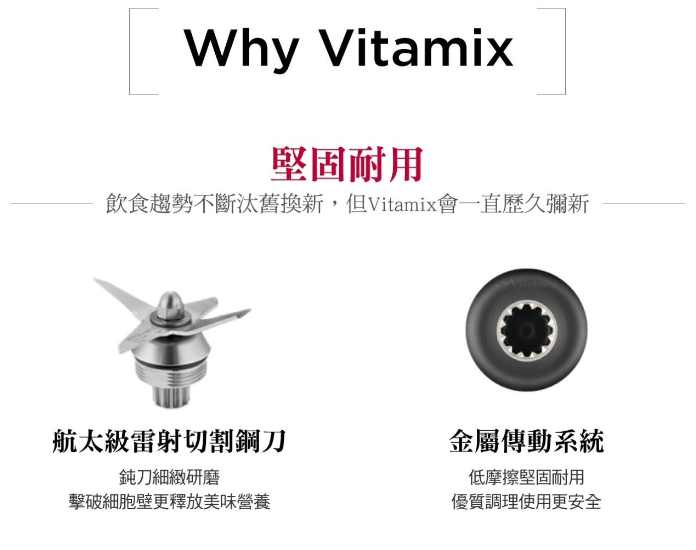 Why Vitamix 堅固耐用 飲食趨勢不斷汰舊換新,但 Vitamix 會 x1 直歷久彌新 航太級雷射切割鋼刀 金屬傳動系統 鈍刀細緻研磨 擊破細胞壁更釋放美味營養 低摩擦堅固耐用 優質調理使用更安全