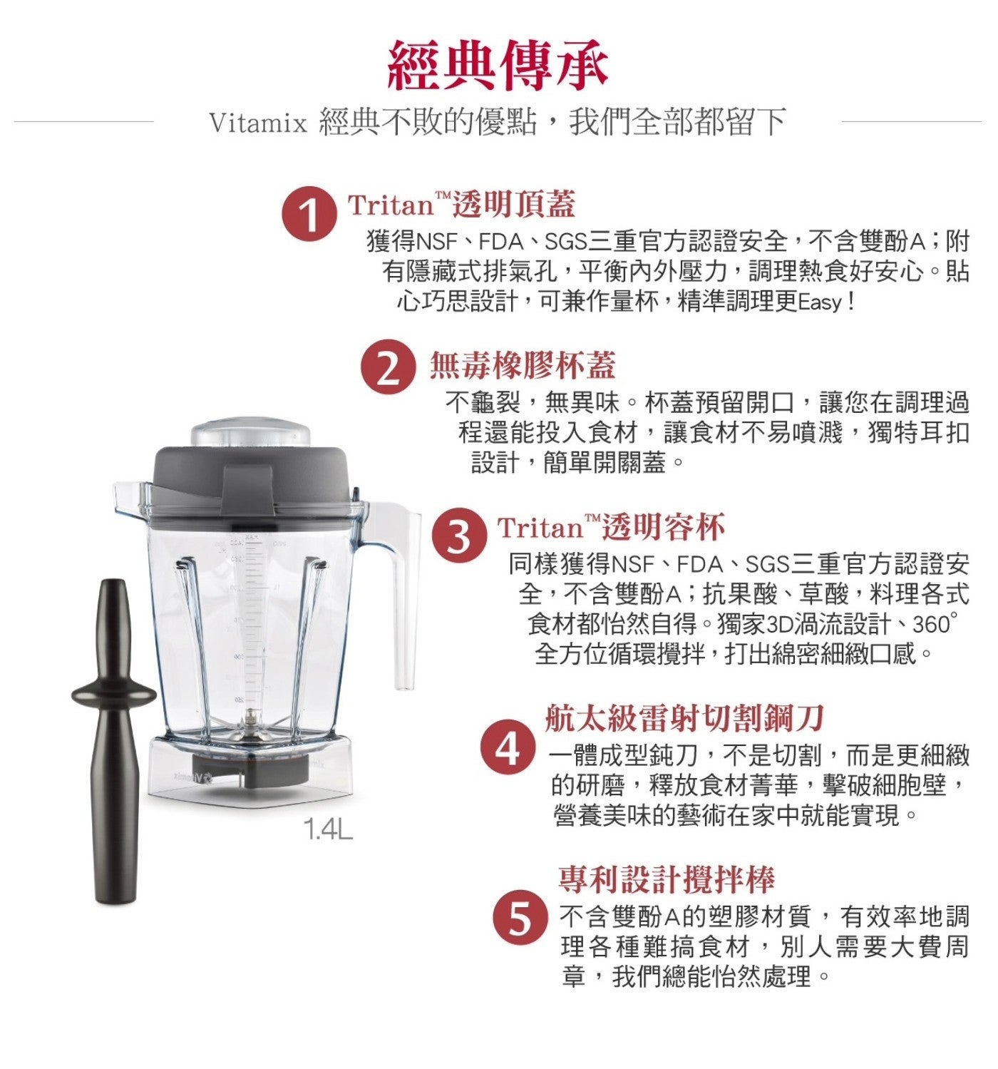 ximov 經典傳承 Vitamix 經典不敗的優點,我們全部都留下 TritanTM 透明頂蓋 獲得 NSFFDASGS3 重官方認證安全,不含雙酚 A 附 有隱藏式排氣孔,平衡內外壓力...