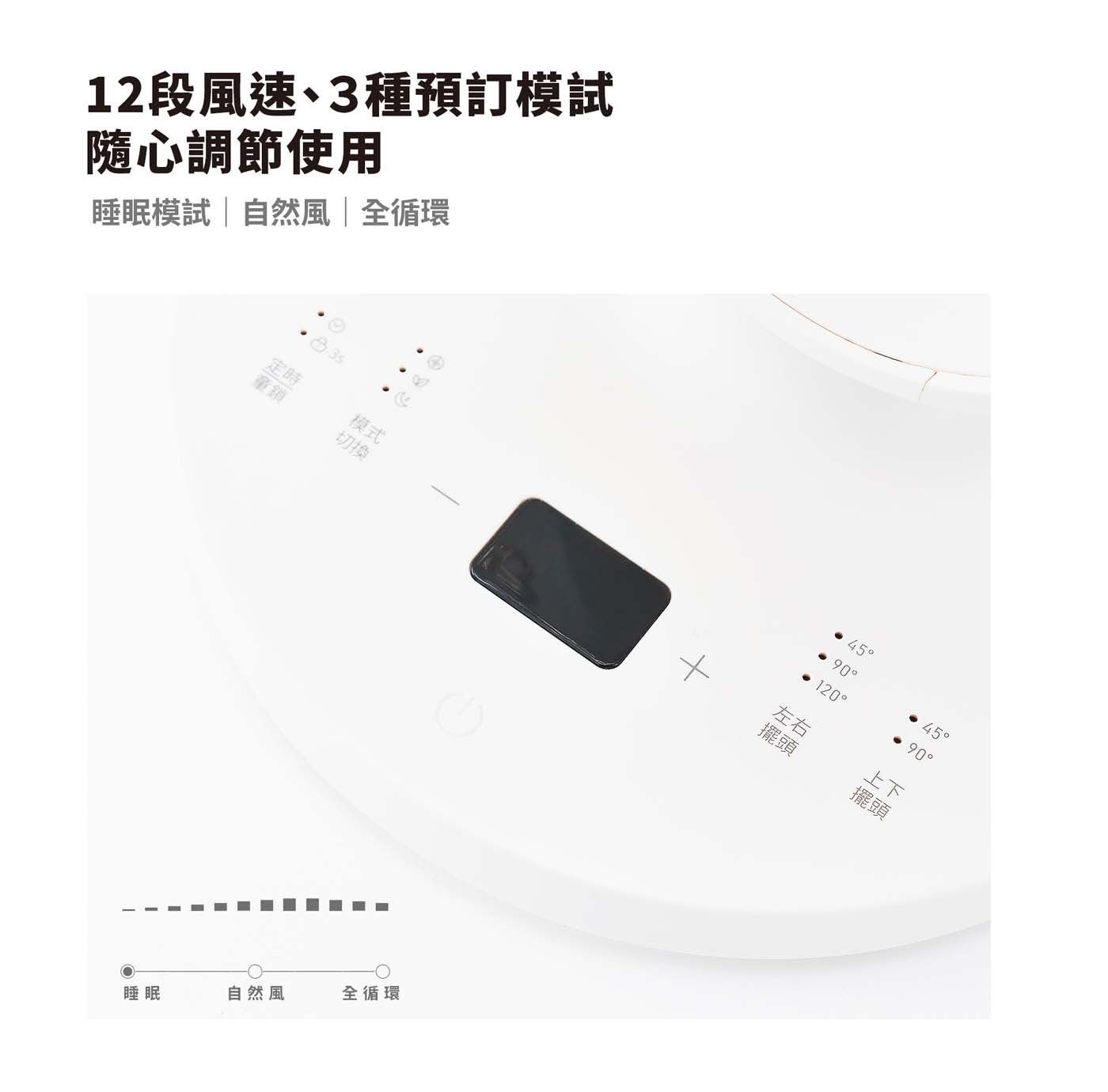 12 段風速 3 種預訂模試 隨心調節使用 睡眠模試自然風全循環 定時 模式 童鎖 切換 睡眠 自然風 全循環 左右 上下 擺頭