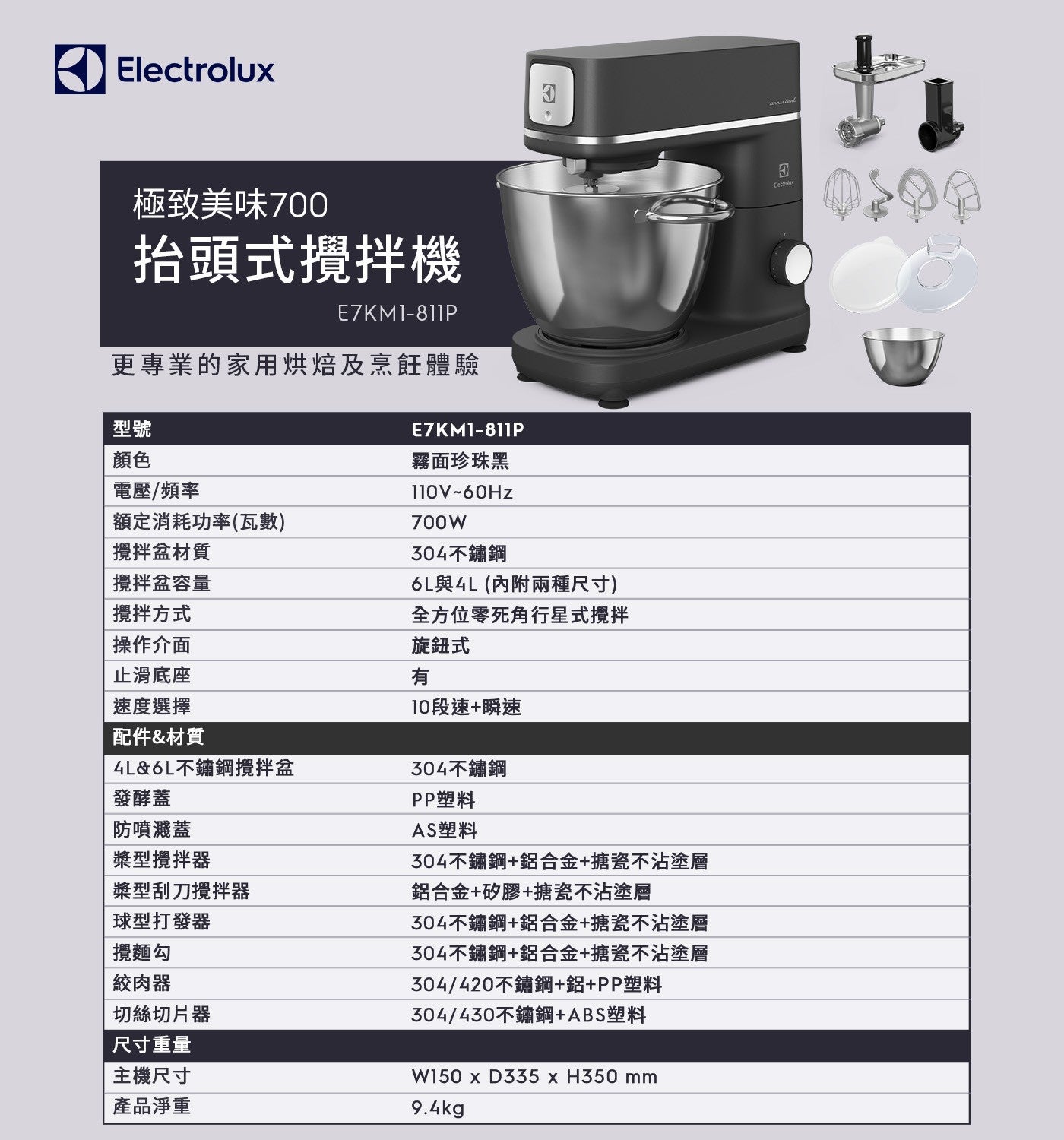 Electrolux 極致美味 700 抬頭式攪拌機 E7KM1-811P 更專業的家用烘焙及烹飪體驗 型號 顏色 電壓頻率 額定消耗功率瓦數 攪拌盆材質 攪拌盆容量 攪拌方式 操作介面 止滑底座...