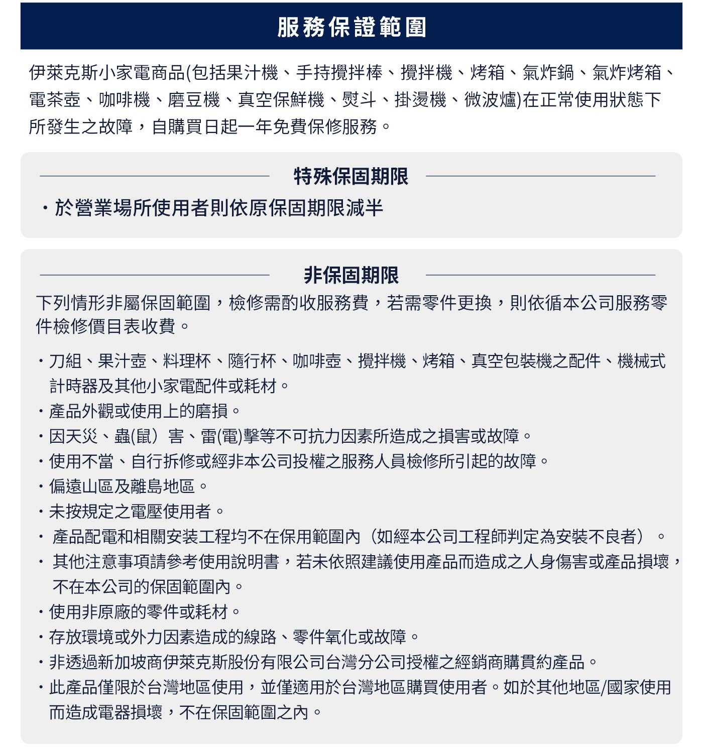 服務保證範圍 伊萊克斯小家電商品包括果汁機手持攪拌棒攪拌機烤箱氣炸鍋氣炸烤箱 電茶壺咖啡機磨豆機真空保鮮機熨斗掛燙機微波爐在正常使用狀態下 所發生之故障...