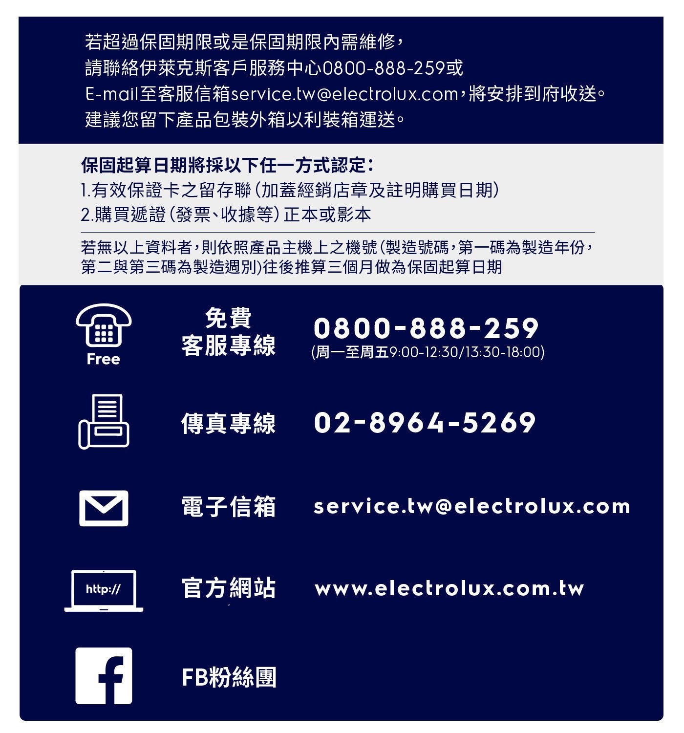 若超過保固期限或是保固期限內需維修, 請聯絡伊萊克斯客戶服務中心 0800-888-259 或 E-mail 至客服信箱 service.twelectrolux.com,將安排到府收送
