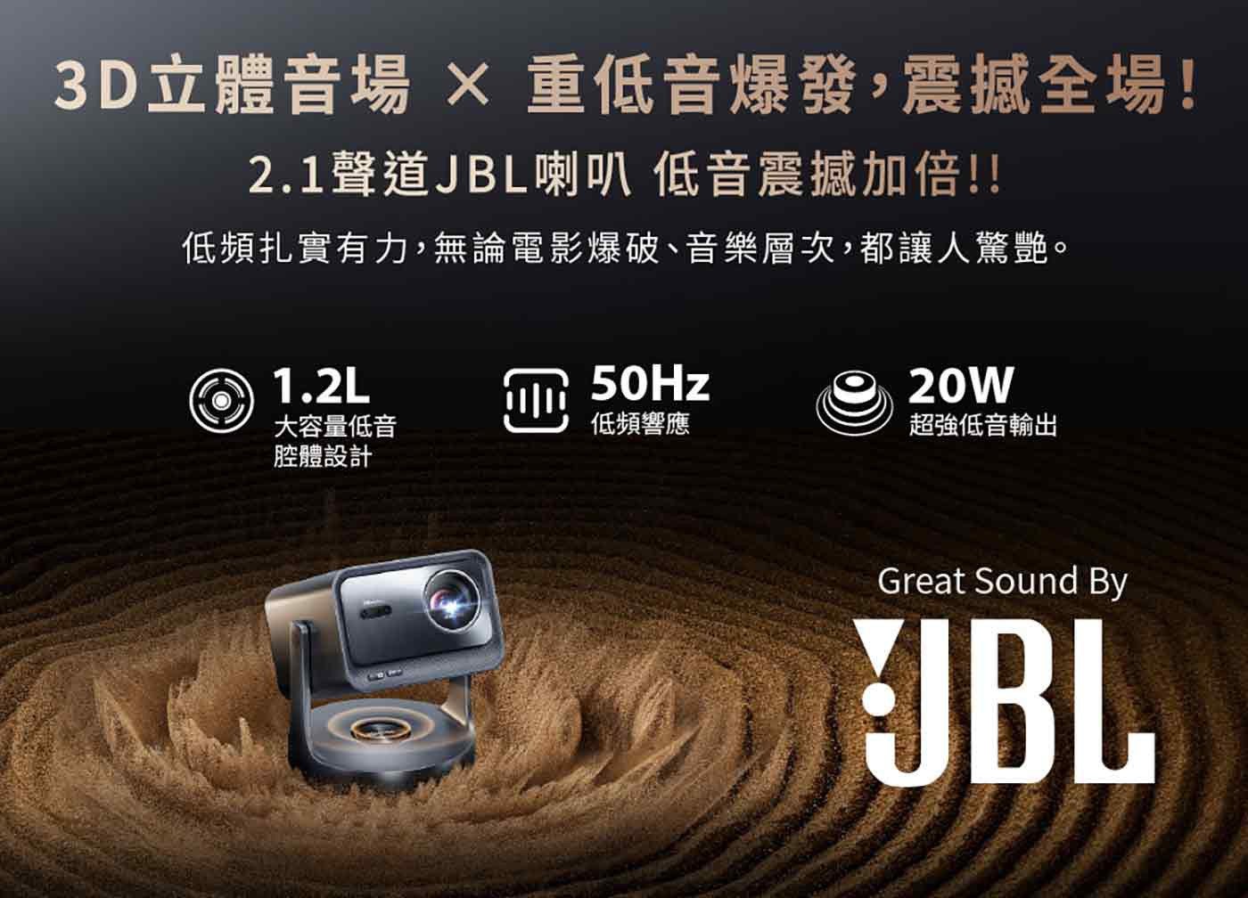 3D 立體音場 重低音爆發,震撼全場! 2.1 聲道 JBL 喇叭 低音震撼加倍!! 低頻扎實有力,無論電影爆破音樂層次,都讓人驚艷