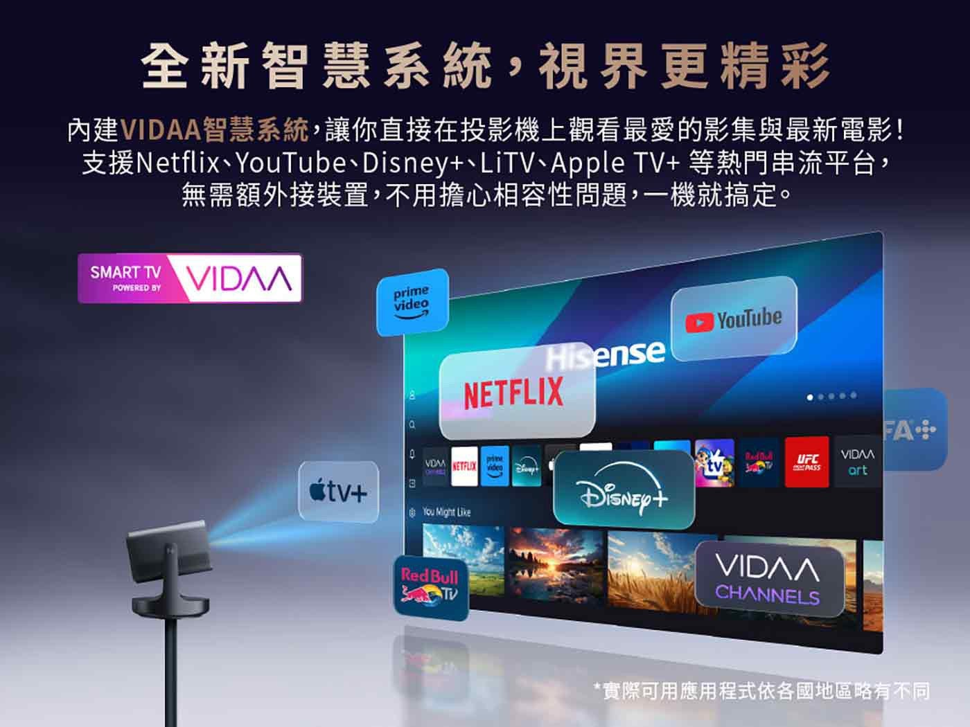 全新智慧系統,視界更精彩 內建 VIDAA 智慧系統,讓你直接在投影機上觀看最愛的影集與最新電影!