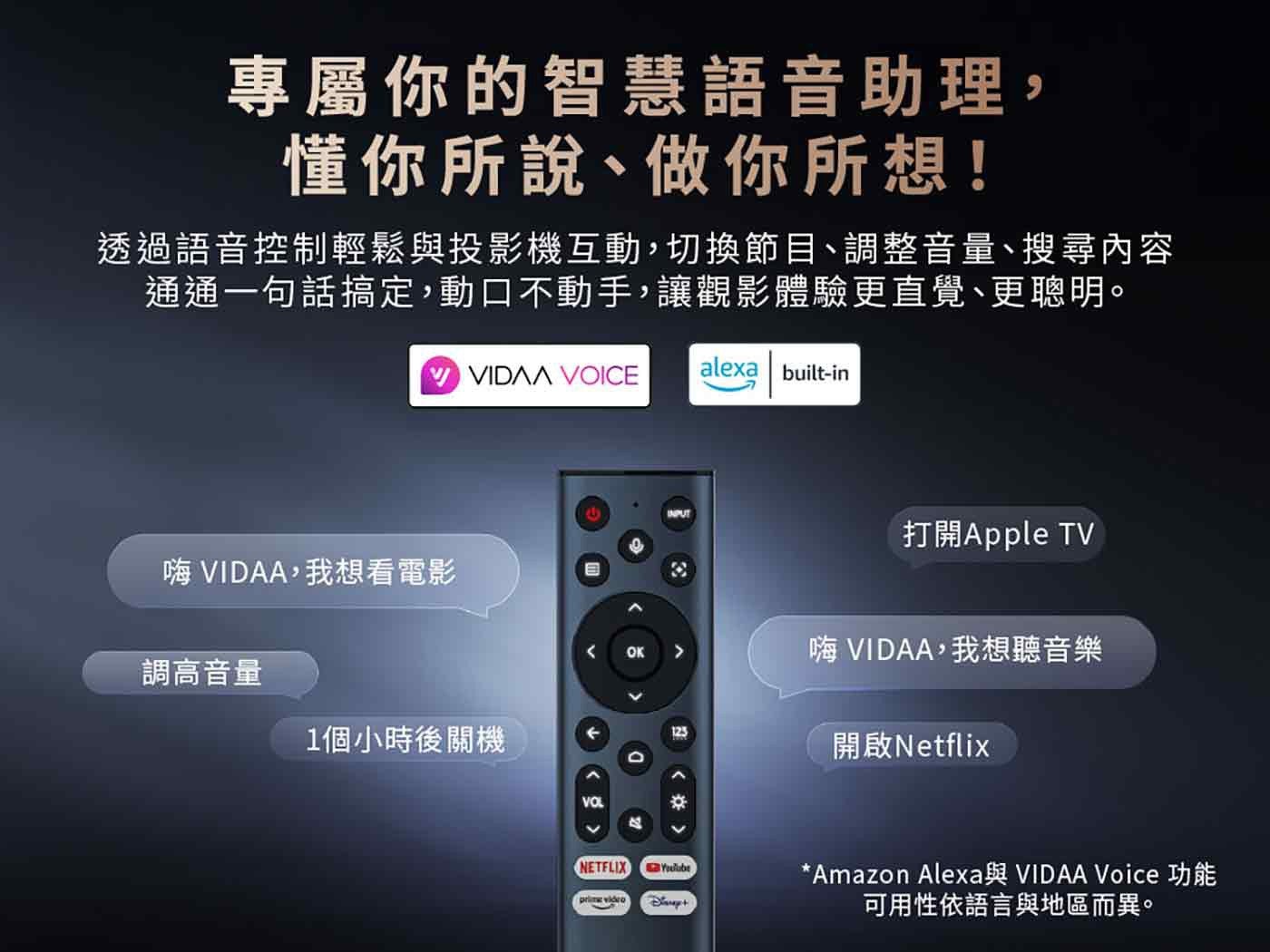 專屬你的智慧語音助理, 懂你所說做你所想! 透過語音控制輕鬆與投影機互動,切換節目調整音量搜尋內容 通通 1 句話搞定,動口不動手,讓觀影體驗更直覺更聰明