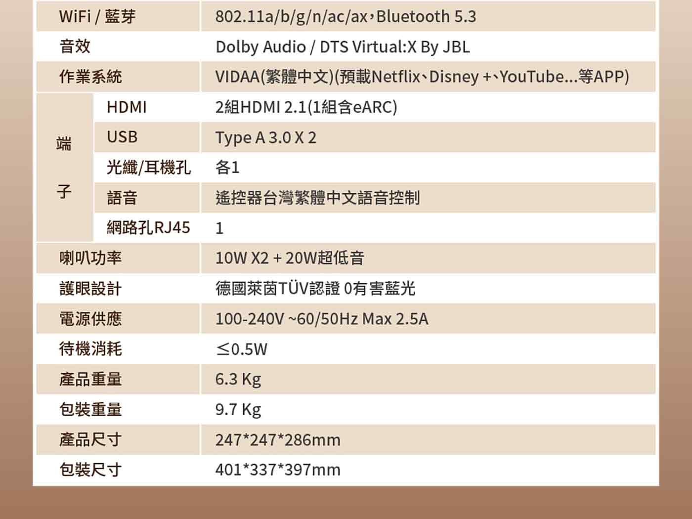 音效 作業系統 HDMI USB 端 光纖耳機孔 各 x1 子 語音 WiFi 藍芽 Dolby Audio DTS By JBL VIDAA 繁體中文預載 NetflixDisneyYouTube..