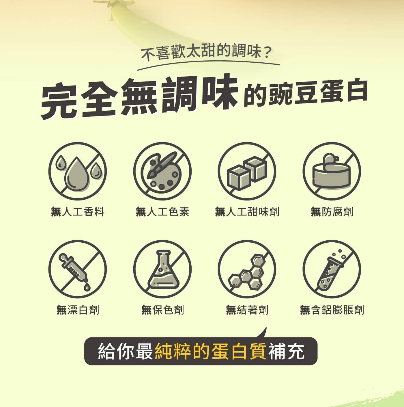 不喜歡太甜的調味? 完全無調味的豌豆蛋白無人工香料無人工色素無人工甜味劑無防腐劑無漂白劑無保色劑無結著劑無含鋁膨脹劑給你最純粹的蛋白質補充