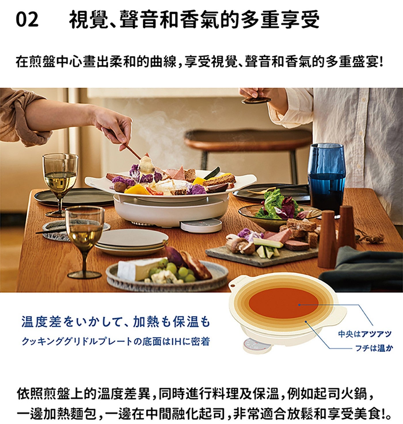 視覺聲音和香氣的多重享受 在煎盤中心畫出柔和的曲線,享受視覺聲音和香氣的多重盛宴