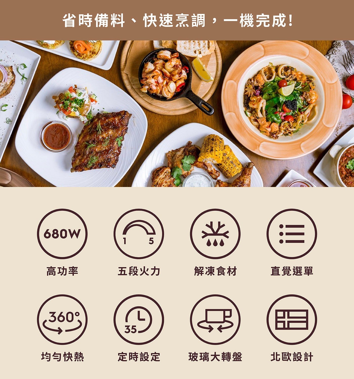 省時備料、快速烹調,一機完成! 高功率五段火力解凍食材直覺選單脂均勻快熱定時設定玻璃大轉盤北歐設計 680W