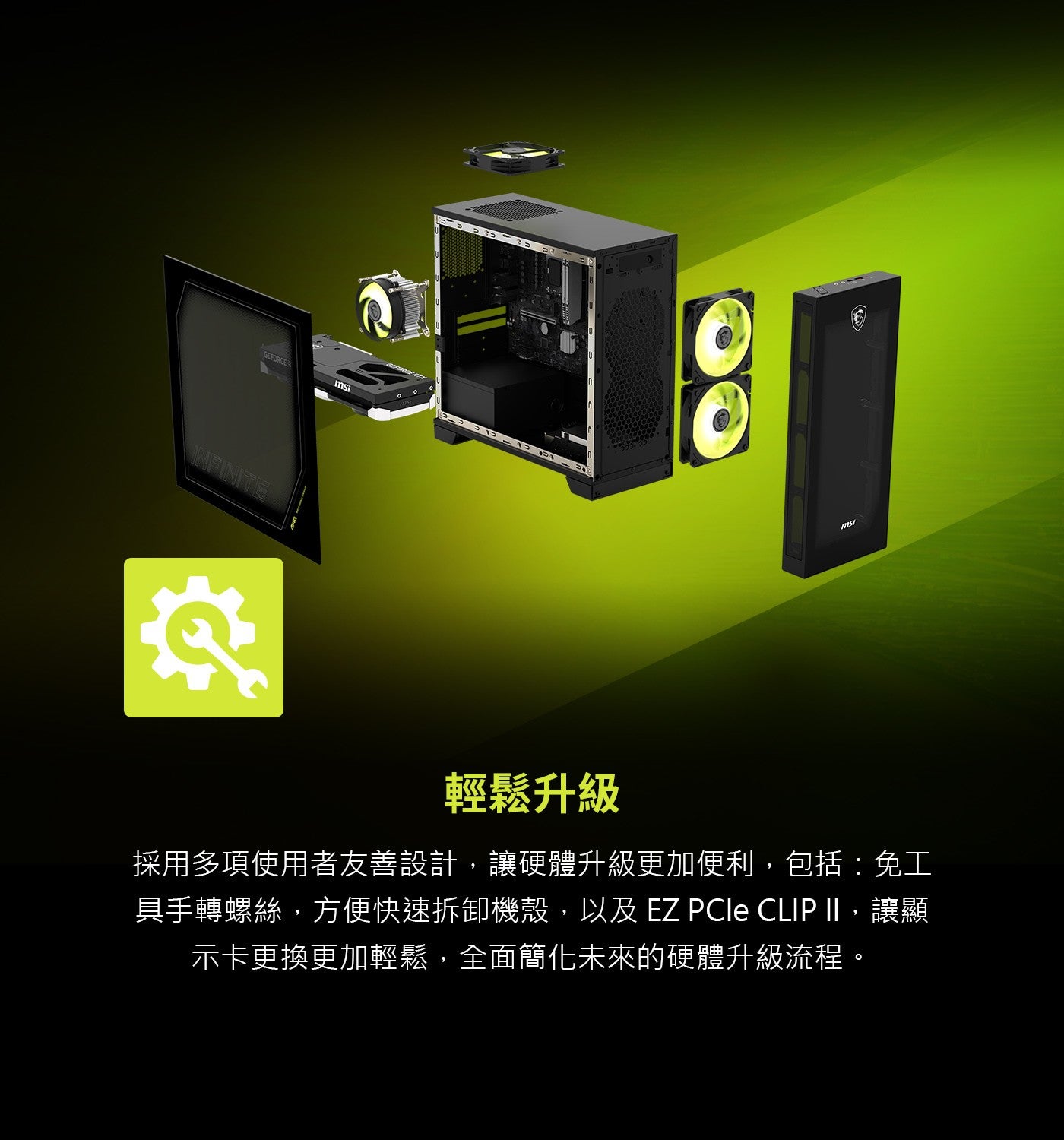 GEFORCE msi INFINITE 輕鬆升級 採用多項使用者友善設計,讓硬體升級更加便利,包括:免工 具手轉螺絲,方便快速拆卸機殼,以及 EZ PCIe CLIP II,讓顯 示卡更換更加輕鬆...